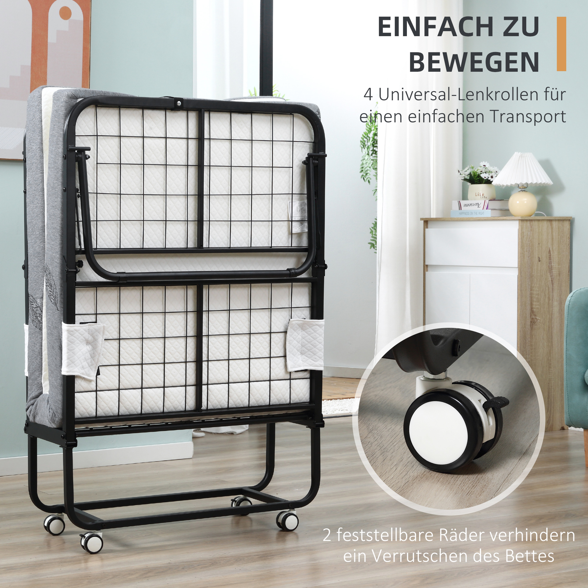 Opklapbaar bed 1 persoons met wielen verstelbaar, tot 150 kg, wit + zwart, 200 x 75 x 42,5 cm | Aosom.nl
