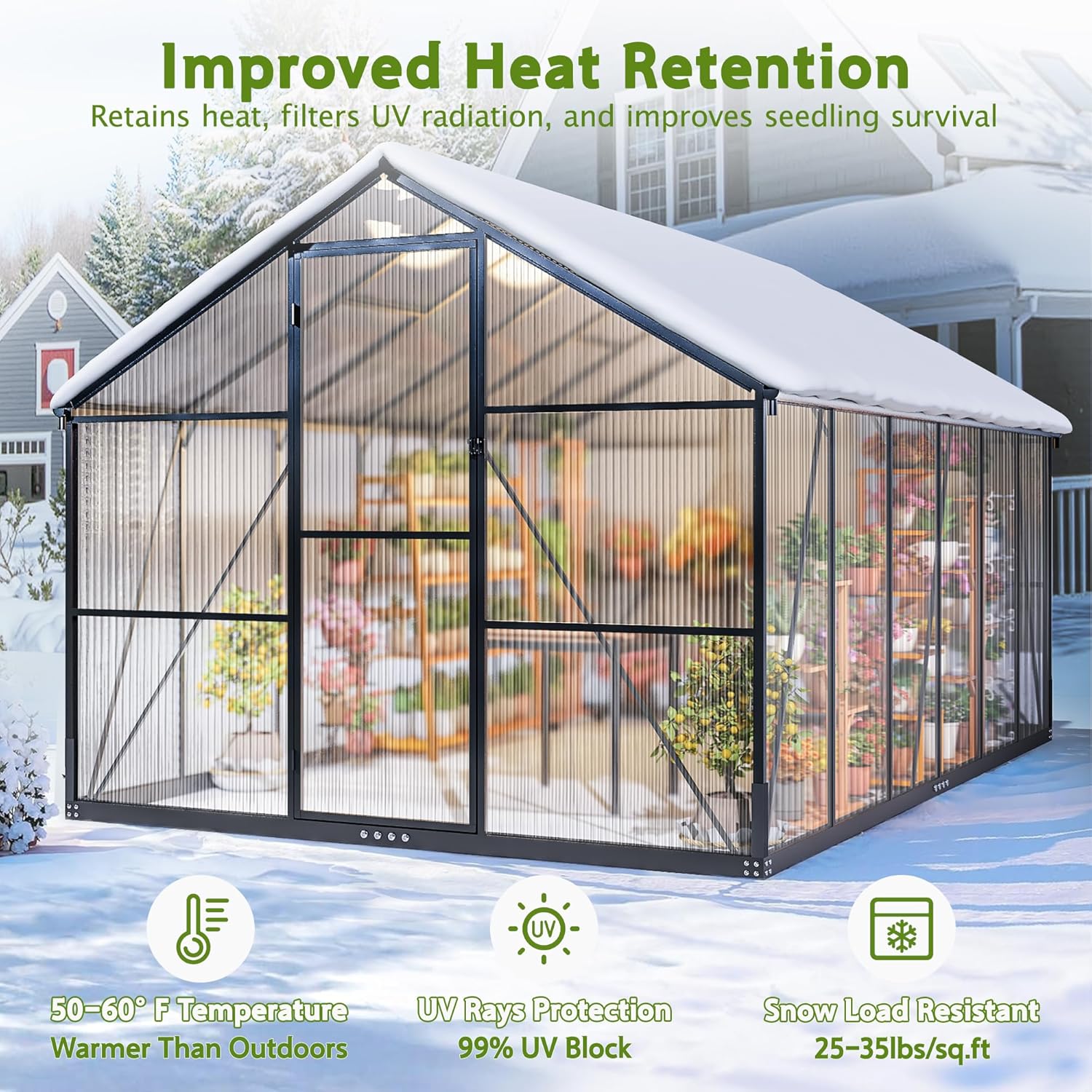 Gewächshaus Aluminium für den Garten, 362x247x205cm Gewächshaus Aluminium mit Fundament, Verstellbare Dachentlüftung, Vielseitig nutzbar als Winterfest Aufzucht Pflanzenhaus und Pflanzenhaus