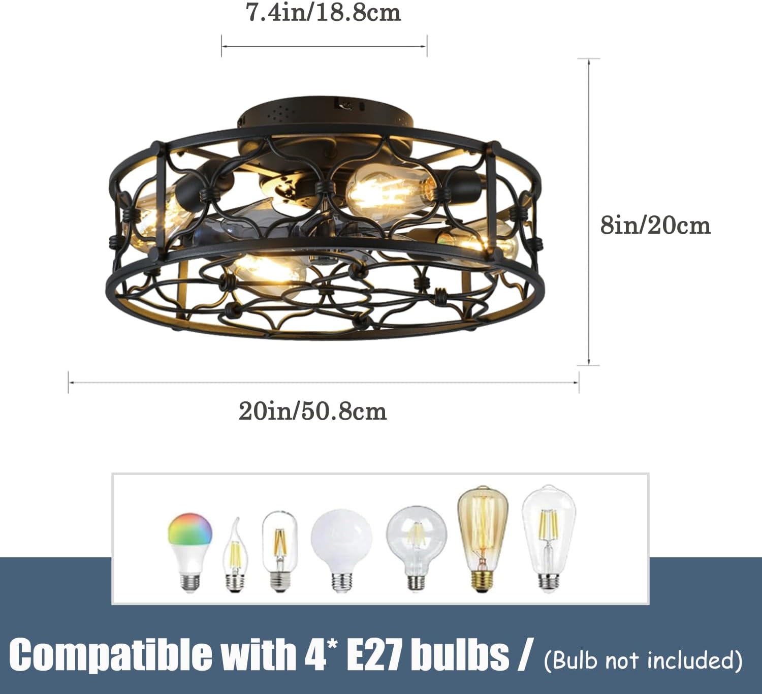 Deckenventilator Mit Beleuchtung, 50cm Retro Industrial Stil Deckenventilatoren mit Lichtern, E27 mit Fernbedienung, 6 Geschwindigkeiten Ventilator Deckenleuchte, Für Wohnzimmer Schlafzimmer