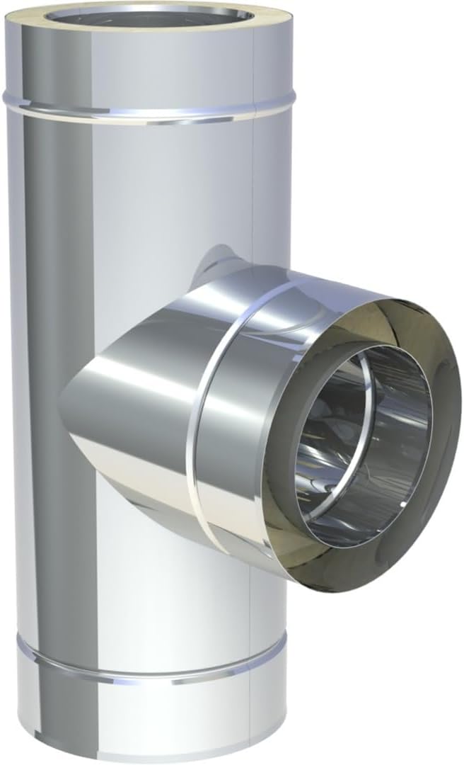 Jeremias DW-FU T-Anschluss 200mm 87 Grad Edelstahl mit Wassernase doppelwandig für Abgasanlage Öl Gas Festbrennstoffe CE-zertifiziert