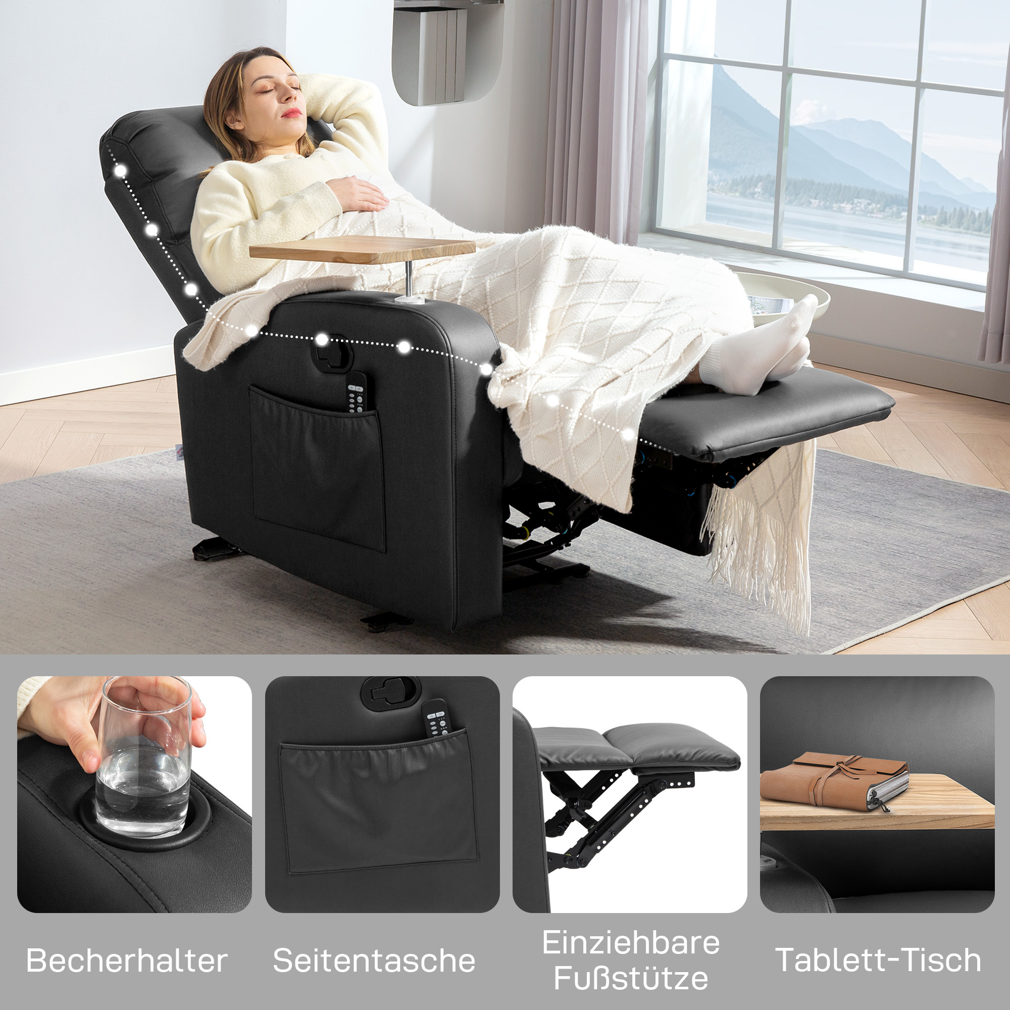 HOMCOM Massagestoel Relaxstoel Ligstoel, Met 1 Uitklapbare Tafel, 1 Voetensteun; 77 cm x 93 cm x 105 cm, Zwart