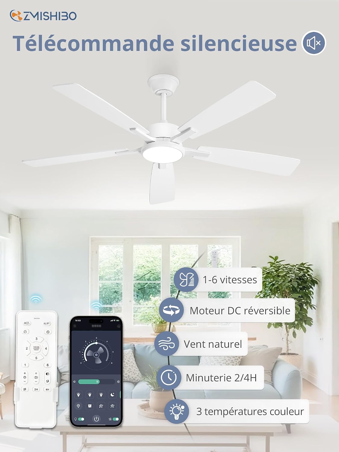 ZMISHIBO Ventilateur de plafond avec lumière 132 cm, Plafonnier ventilateur, APP et télécommande, Moteur DC silencieux, Réversible, 5 pales, LED 3CCT dimmable