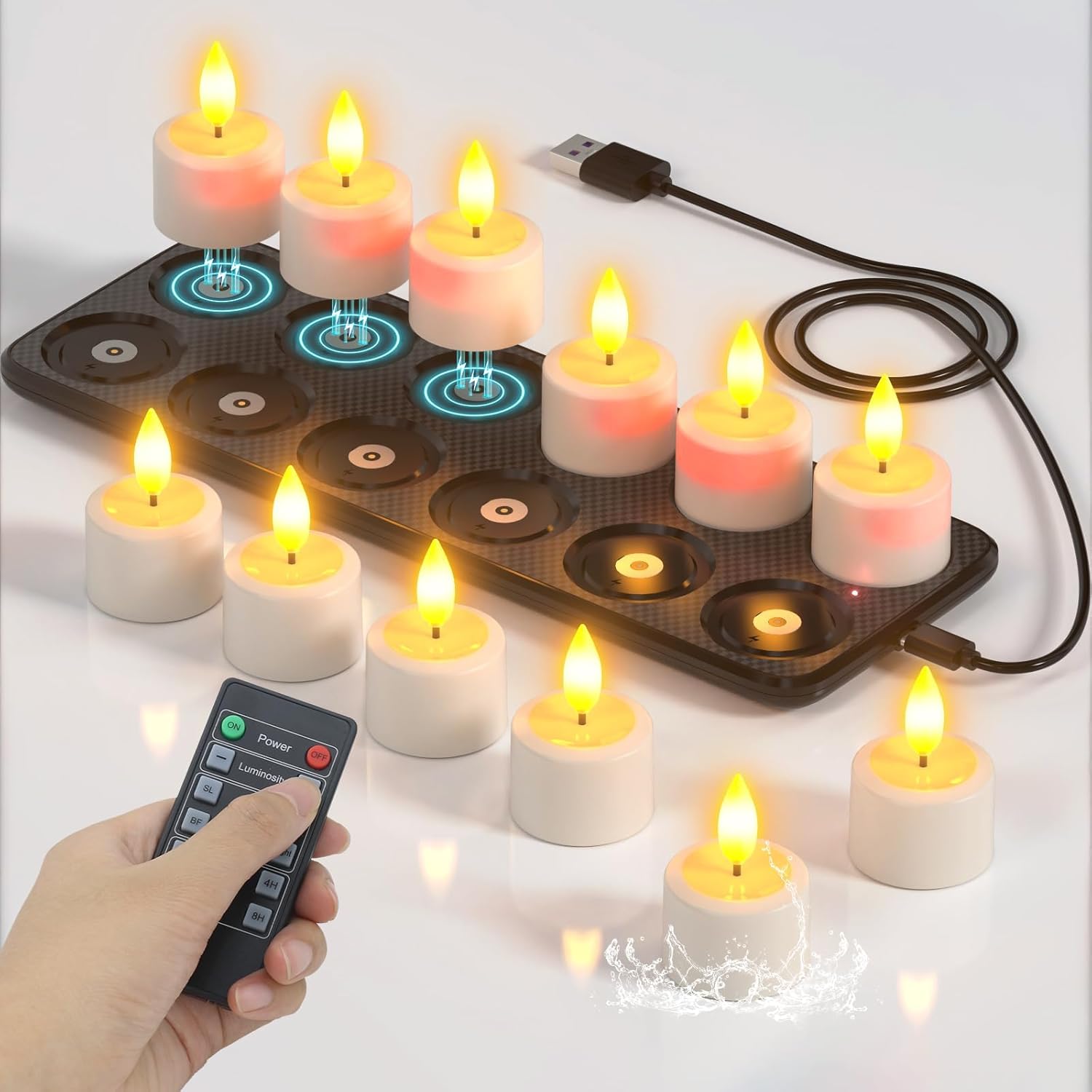 SoulBay Magnetische flammenlose Kerzen, wasserdicht, flackernde LED-Teelichter, Votivkerzen mit Ladestation, Fernbedienung, Timer für Badezimmer, Laterne, Urlaub, Weihnachtsdekoration, Kobalt-Batterie