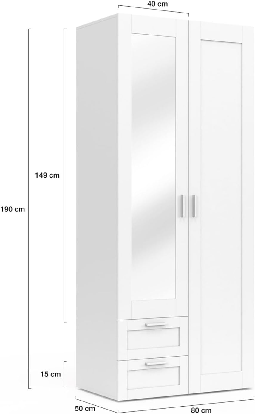 IDMarket - VITO 2-door wardrobe white 80 cm with 2 drawers, mirror and shelves