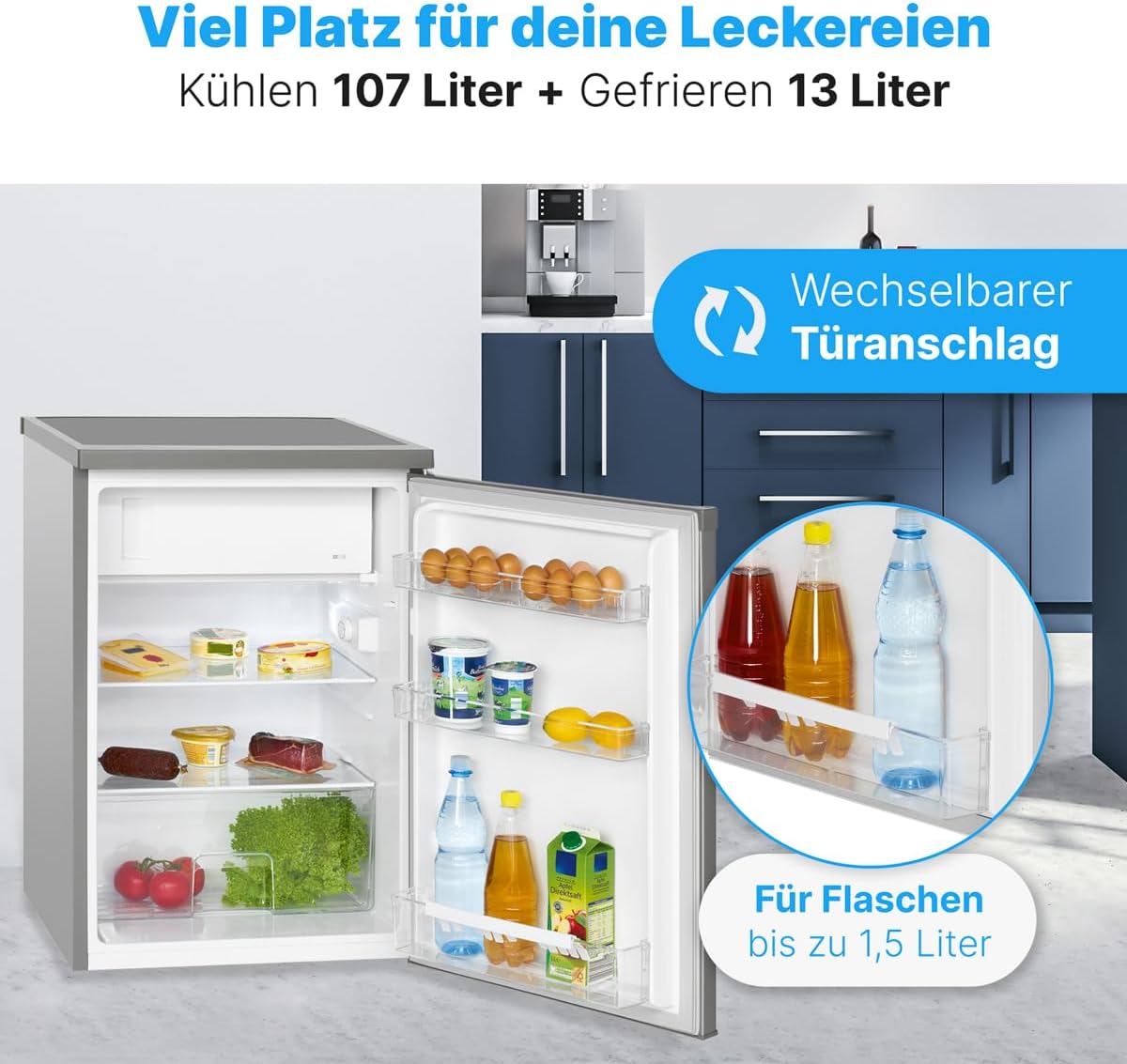 Bomann Kühlschrank mit Gefrierfach Kühlschrank klein mit 120L Nutzinhalt Kühlen 107L  und  Gefrieren 13L Fridge mit 3 Türablagen  und  2 Glasablagen wechselbarer Türanschlag KS 2184.1 inox
