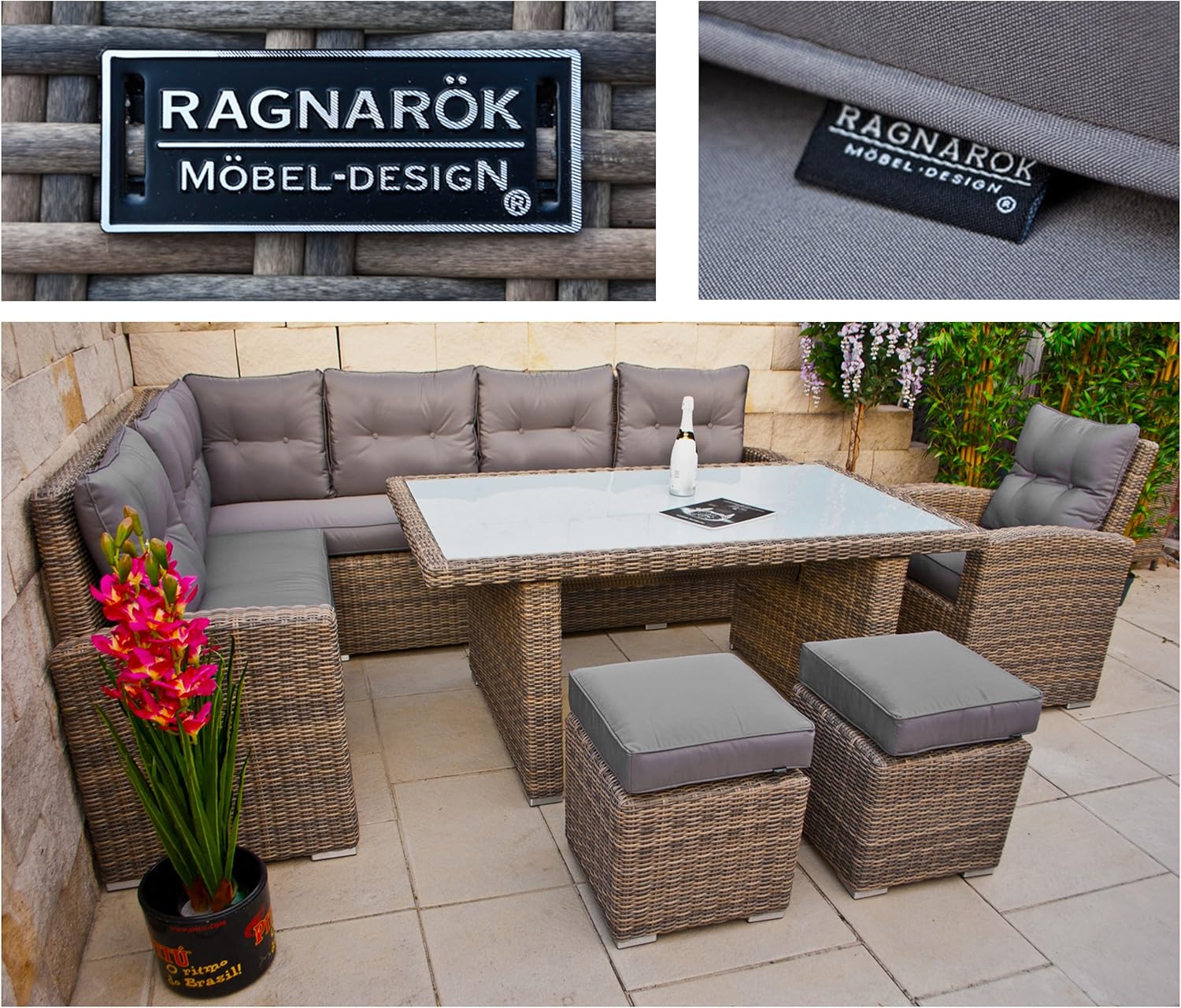 Ragnarök-Möbeldesign hohe Dining Lounge - DEUTSCHE Hersteller - 8 Jahre GARANTIE - EIGENE Produktion - PolyRattan Gartenmöbel Essgruppe Sessel Naturfarben Rundrattan Grau