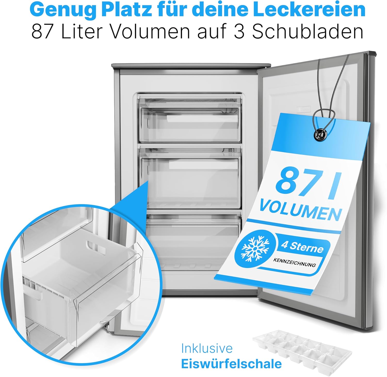 Bomann Gefrierschrank 87L | Gefrierschrank klein mit Temperaturbereich ≤ -18°C | 3 Schubladen | Tiefkühlschrank mit wechselbarem Türanschlag | Freezer Tiefkühlschrank klein GS 7253 weiß