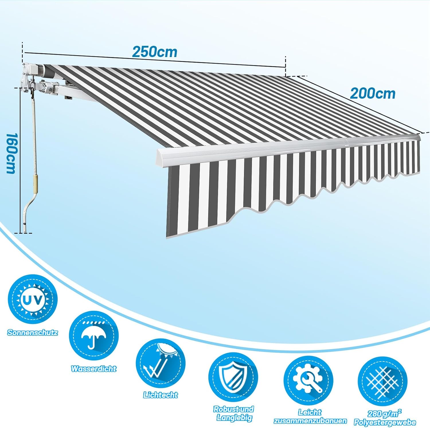 Toldo con brazo articulado, 250 x 200 cm, toldo manual con manivela, ajuste de ángulo de hasta 30 grados, protección solar, protección contra el agua, incluye soporte de pared, color blanco y