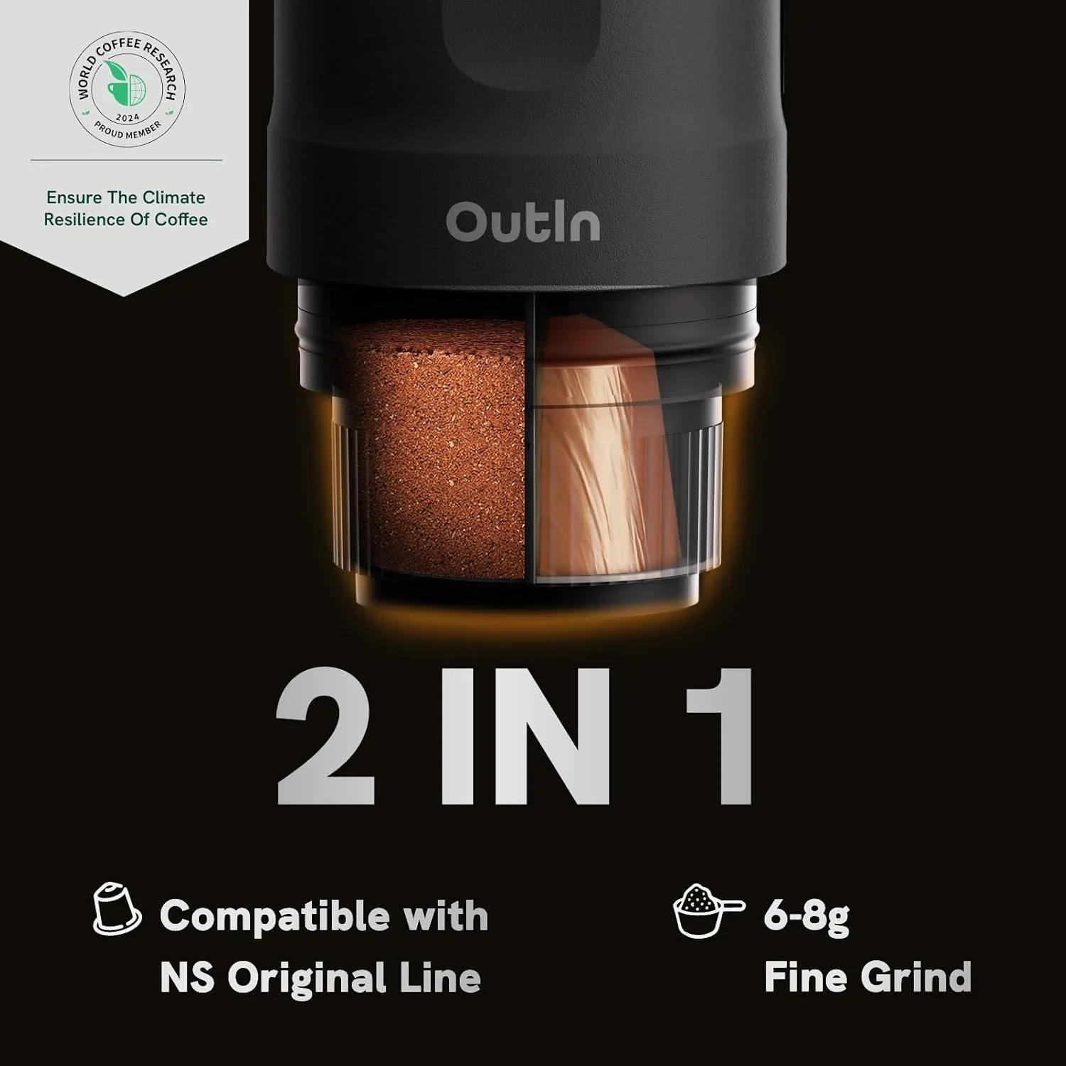 OutIn Nano Draagbare Espressomachine met Batterij, voor onderweg of camping, Koffiezetapparaat to go, met elektrische zelfverwarming via USB - C, 2 in 1 voor gemalen koffie en NS - capsules