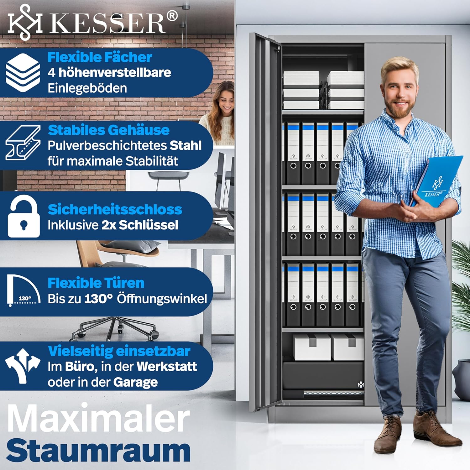 KESSER® Aktenschrank abschließbar mit Flügeltüren 180x80x40cm | Büroschrank aus Stahl mit 4 höhenverstellbaren Einlegeböden | Mehrzweckschrank 5 flexible Fächer, max. 40 kg pro Fach, inkl. 2 Schlüssel