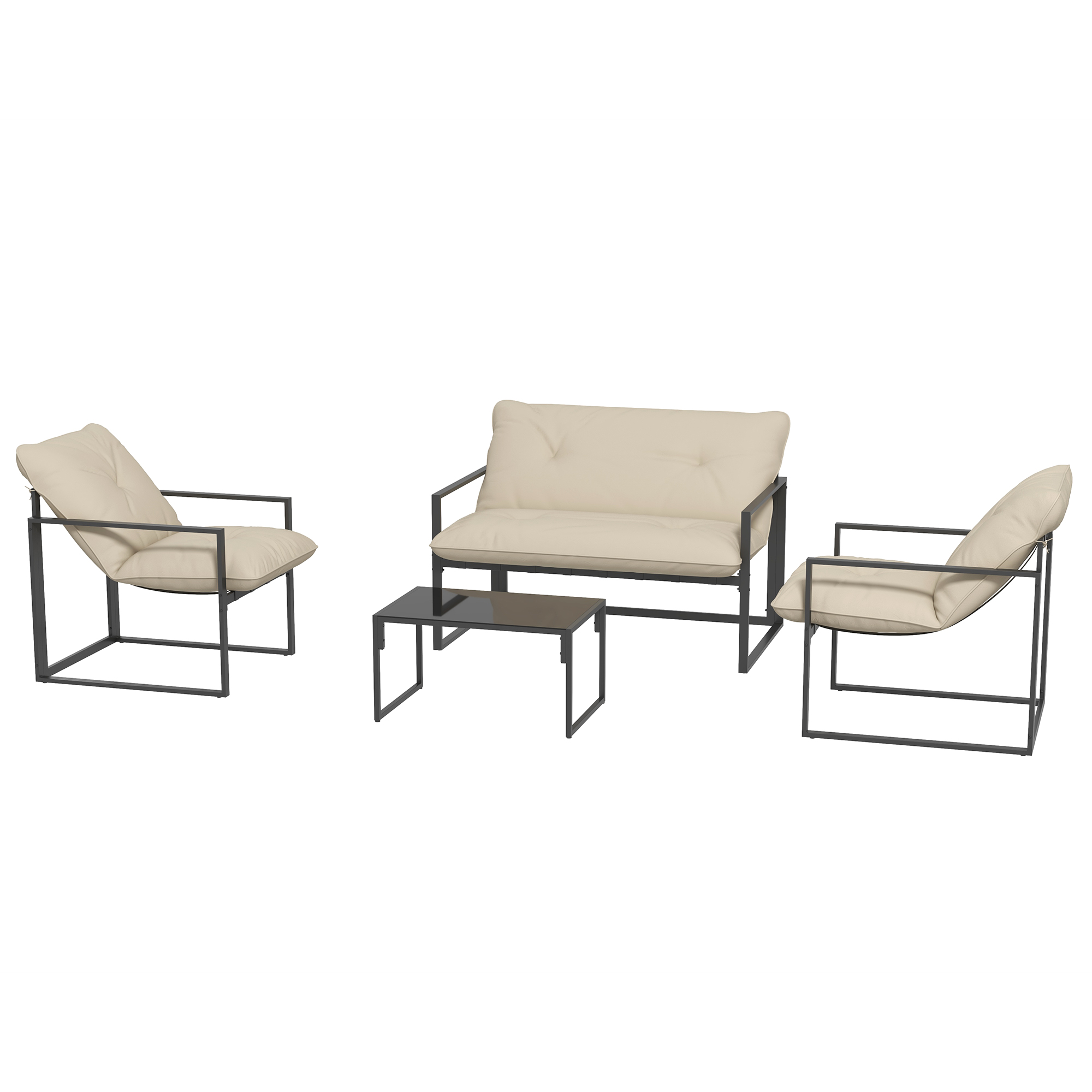 Tuinmeubelset met Glazen Tafel, 2 Stoelen, 1 Bank, Weerbestendig, 114 cm x 70 cm x 67 cm, Grijs+Beige