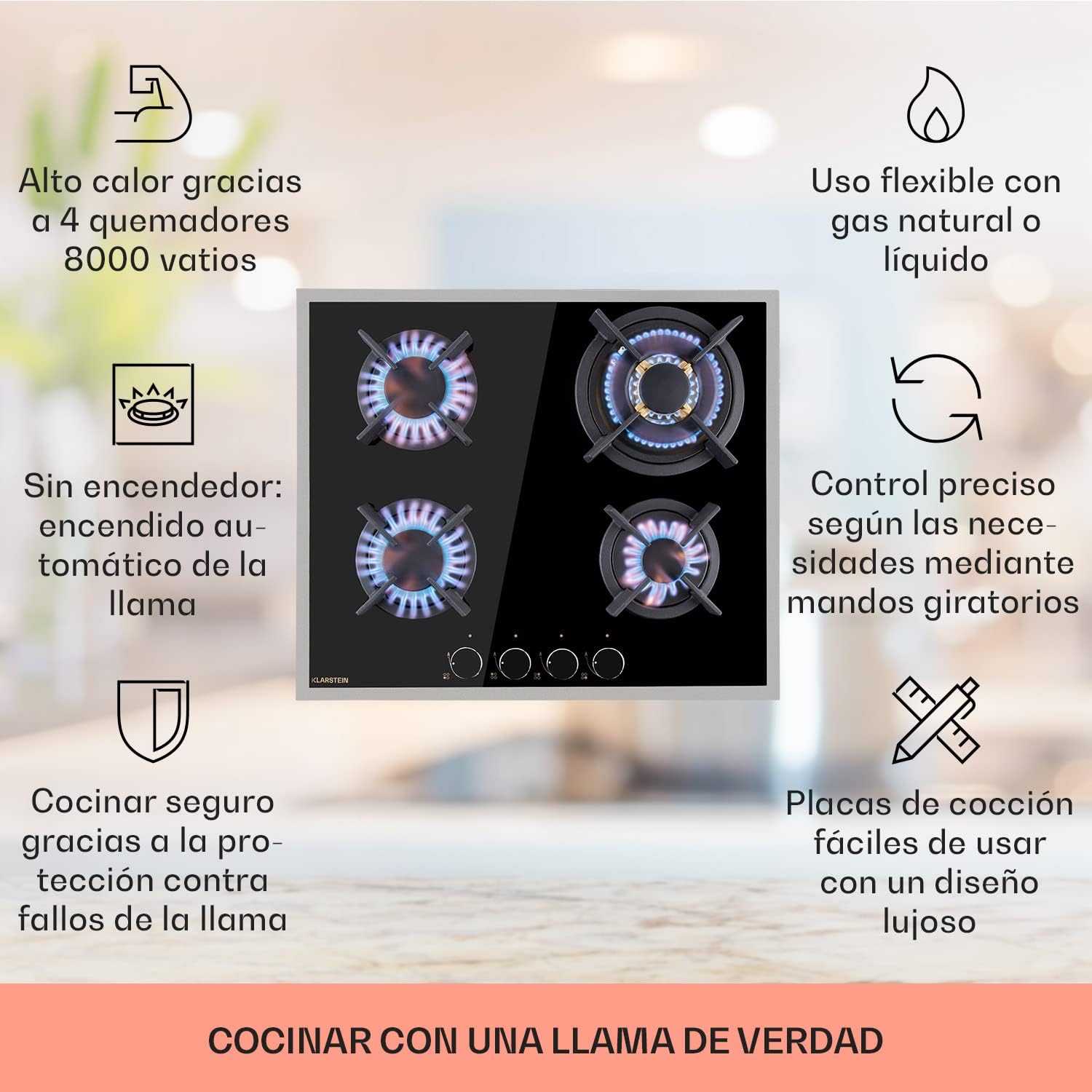 Klarstein Cocina de Gas Butano, Placa de Gas 4 Fuegos 8000W, Placa Vitroceramica Gas Integrada para Cocina, Placa Gas Butano de Diseño, Encimera Gas de Fogones con Base de vidrio y Acero Inoxidable