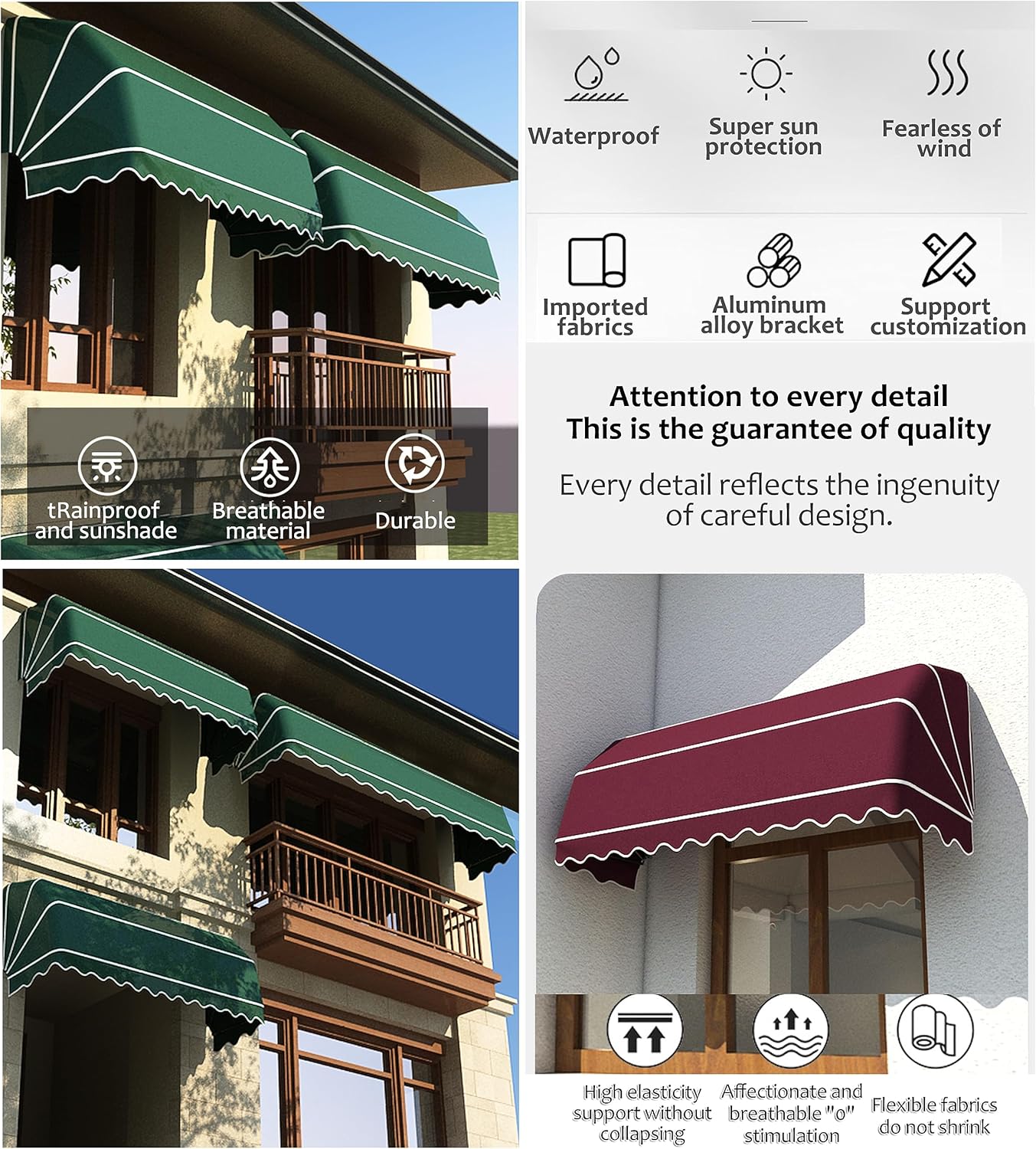 Verstellbare, einziehbare, wasserdichte, UV-beständige Markise für Balkon und Terrasse, einfach ohne Bohren, Aluminium-Baldachin mit manueller Kurbel für mühelosen Schatten im Freien