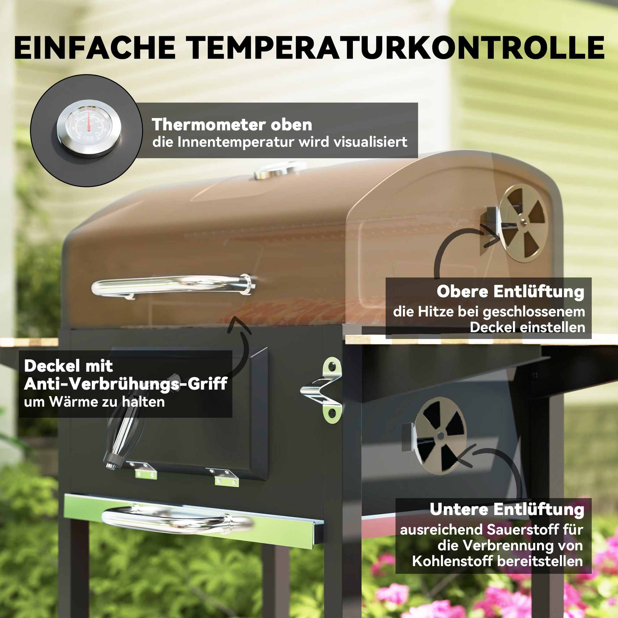 Houtskoolgrill met verstelbare kolenbak, grillwagen, planken, thermometer, flesopener, staal, hout, zwart