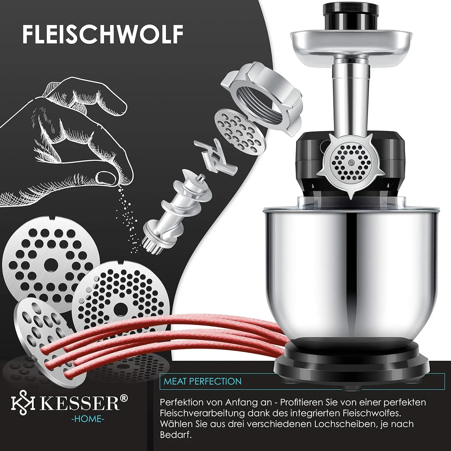 KESSER? 3 in 1 Universal K��chenmaschine K-KM 3000 mit Fleischwolf Knetmaschine Multifunktionale R��hrmaschine 5,5L Sch��ssel mit 3 R��hrwerkzeuge, 1,5L Entsafter, Zubeh?r-Set, Pasta & Geb?ckformen