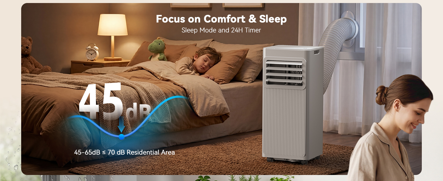 Der Text lautet „45 dB“ und „Focus on Comfort &amp; Sleep“. Das Werbebild zeigt einen weißen Luftreiniger oder eine Kühleinheit im Schlafzimmer, wobei die schlafende Person und die Produktmerkmale hervorgehoben sind.