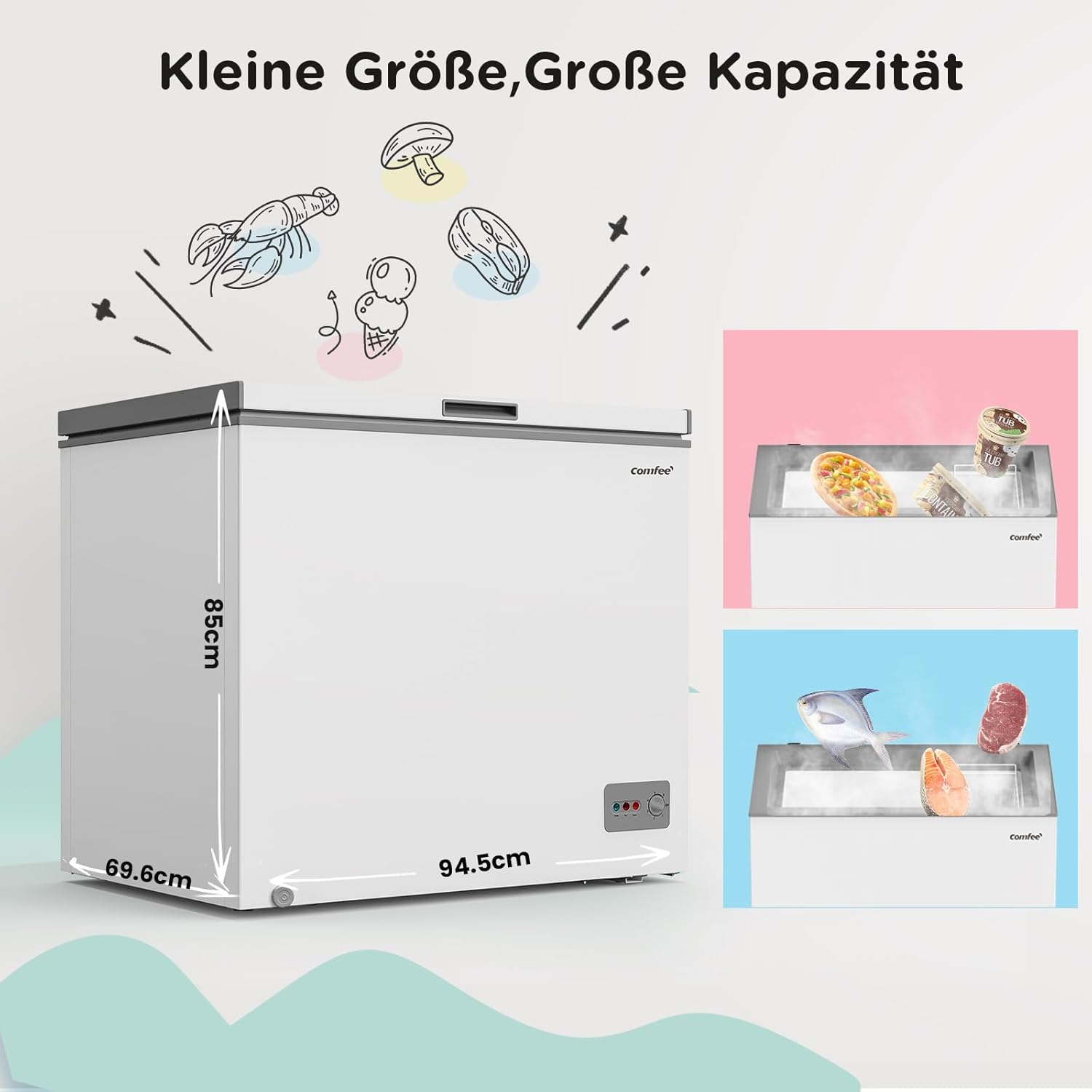 Comfee RCC100WH2(E) Gefriertruhe/169 kWh/Jahr/85cm hoch/99L/38dB/Geringe Lautstärke/Hoch effizientesD-förmigesRohr/Geeignet für verschiedene Einsatzszenarien/Einstellbarer Temperaturregler/Weiß