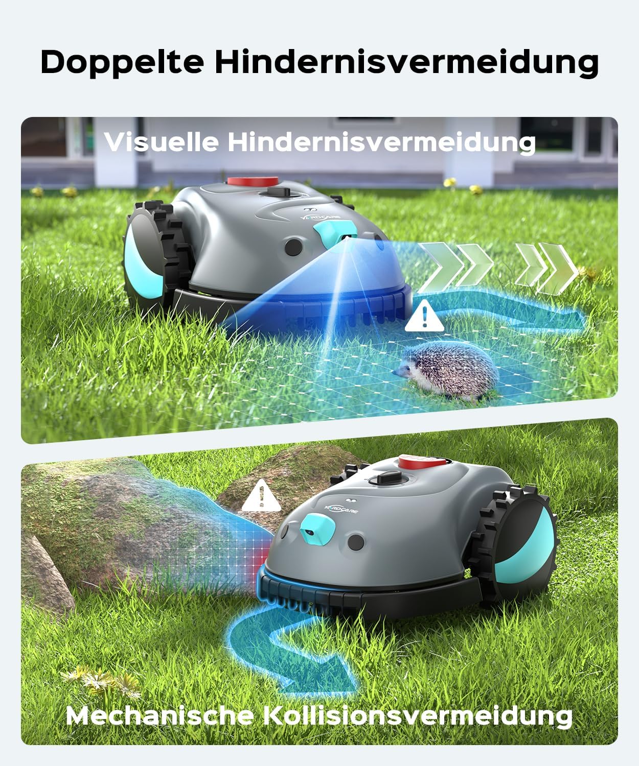 V100 Mähroboter ohne Begrenzungskabel Rasenroboter mit Kamera, Hindernisvermeidung, Vision Navigation, 4 Ah Akku Rasenmäher Roboter ohne Begrenzungsdraht 150m2 mit Ersatzklingen, Spiralschnitt