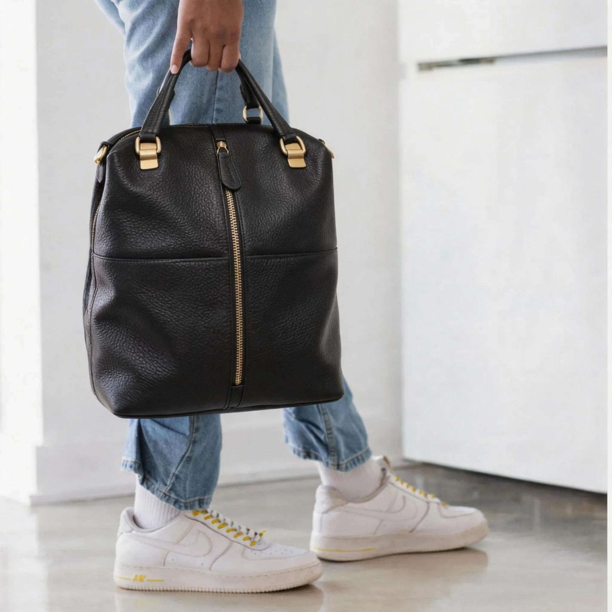 Black Large Soft Handle Convertible Leather Backpack School Bag