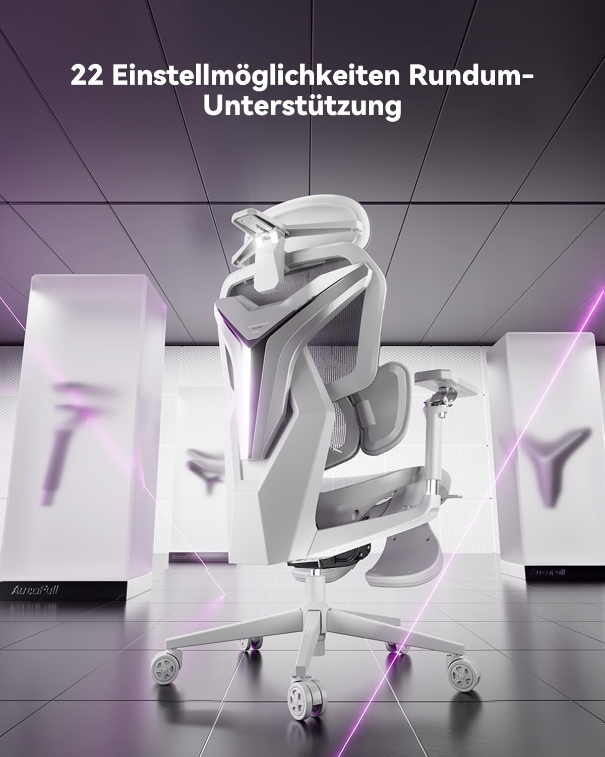 AutoFull G7 Ergonomischer Gaming Stuhl, Gaming-Stühle mit Dynamischer Lendenstütze, 720° Doppelachsen-Dreharmlehnen, 140° Rückenlehnen-Neigung & 4D-Nackenkissen (Weiß)