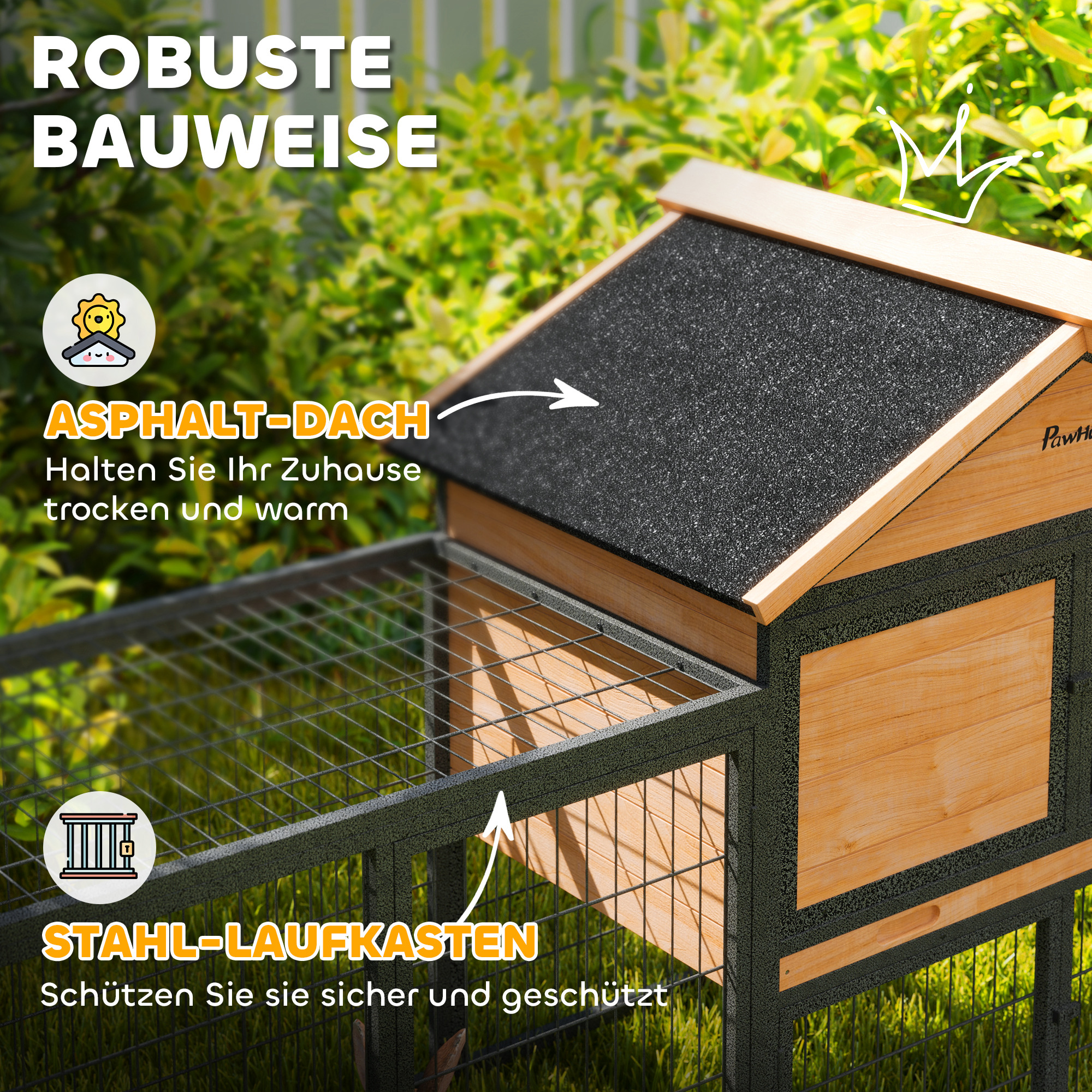 PawHut Konijnenhok 2 Niveaus Winterbestendig met Vrijloopren 217x53x86 cm, Geel