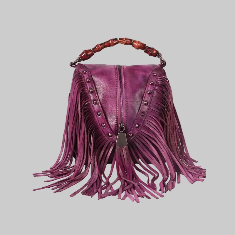 Full Grain Leather Fringe Handbag with Bamboo Handle