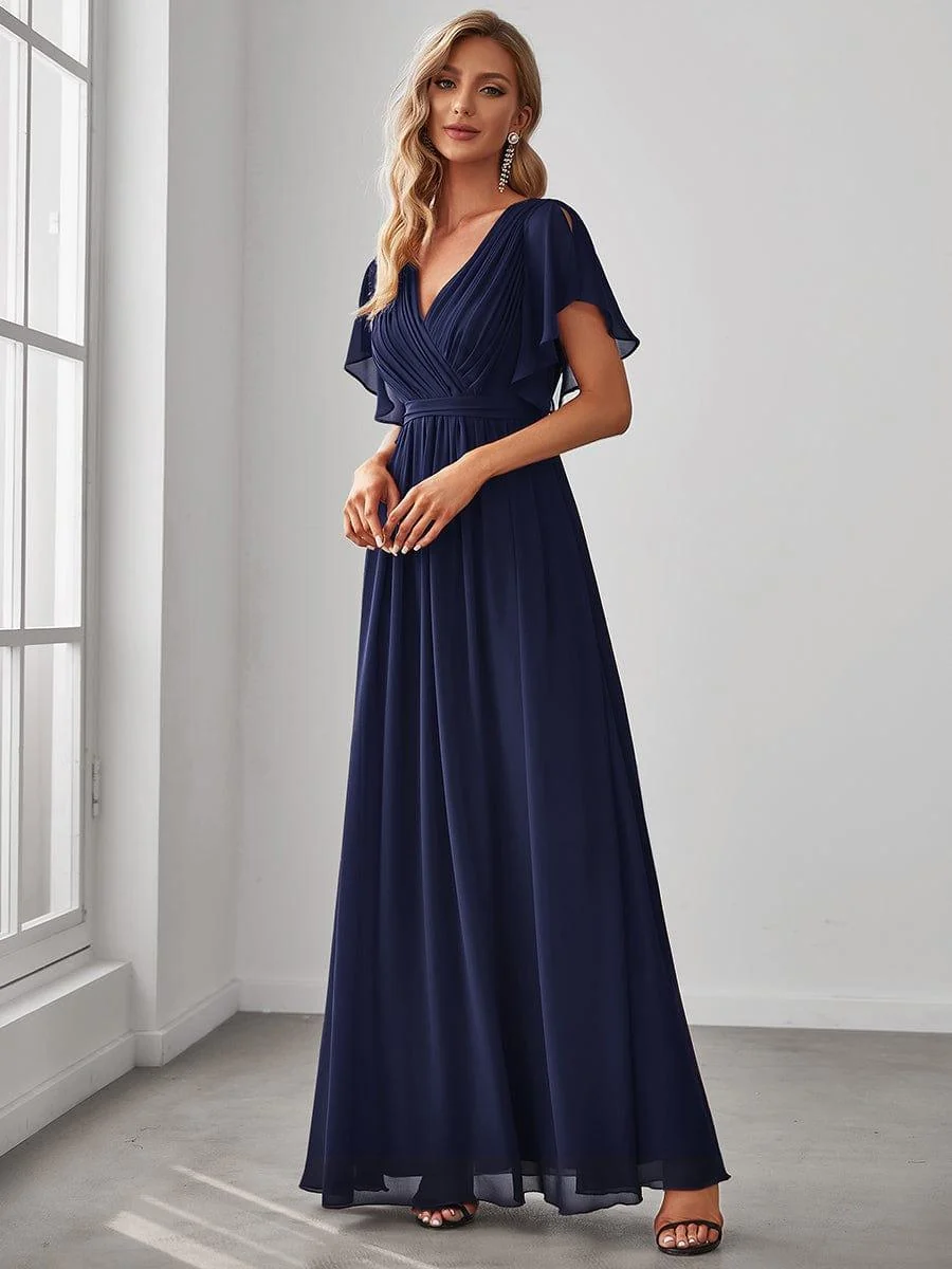 Abendkleid Damen Maxi A-Linie aus Chiffon | Festliches Kleid f��r Hochzeitsg?ste mit V-Ausschnitt und Fl��gel?rmeln