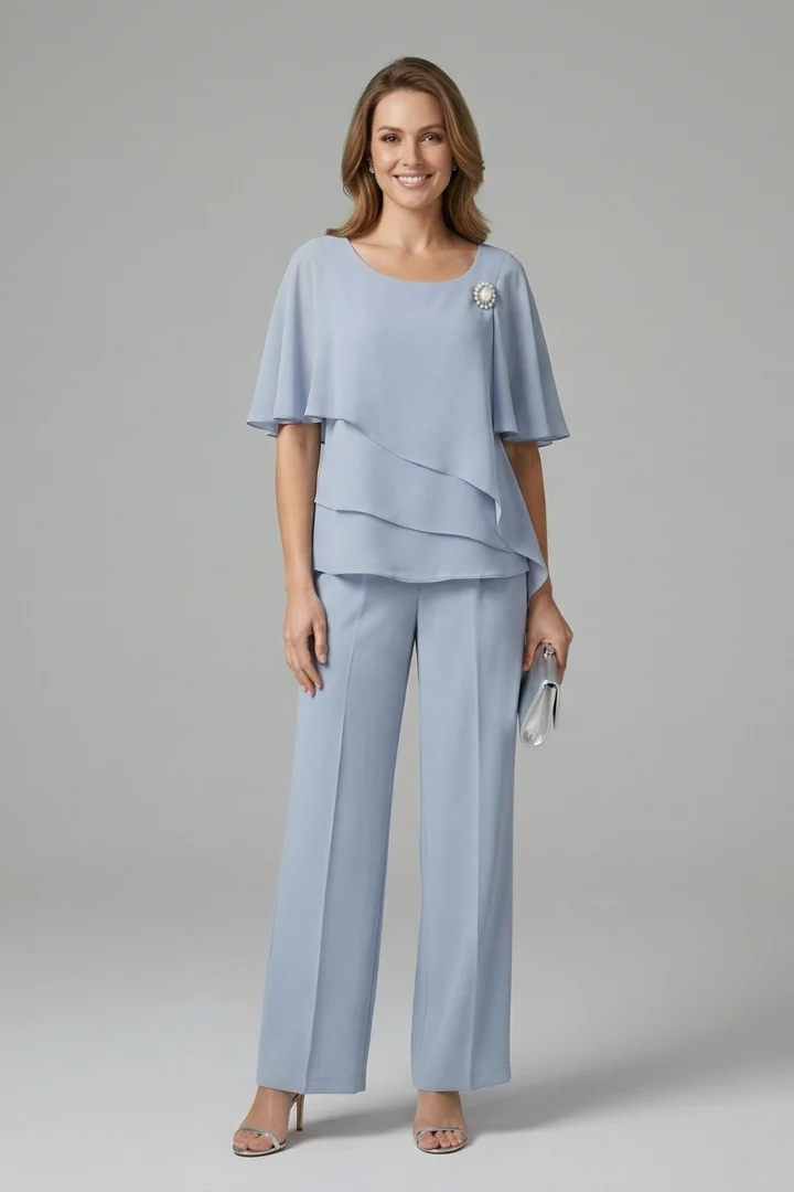 Damen Zweiteiler Set mit Lagenlook Oberteil und Hose mit geradem Bein | Modernes Set mit Rundhalsausschnitt und Schlupfhose