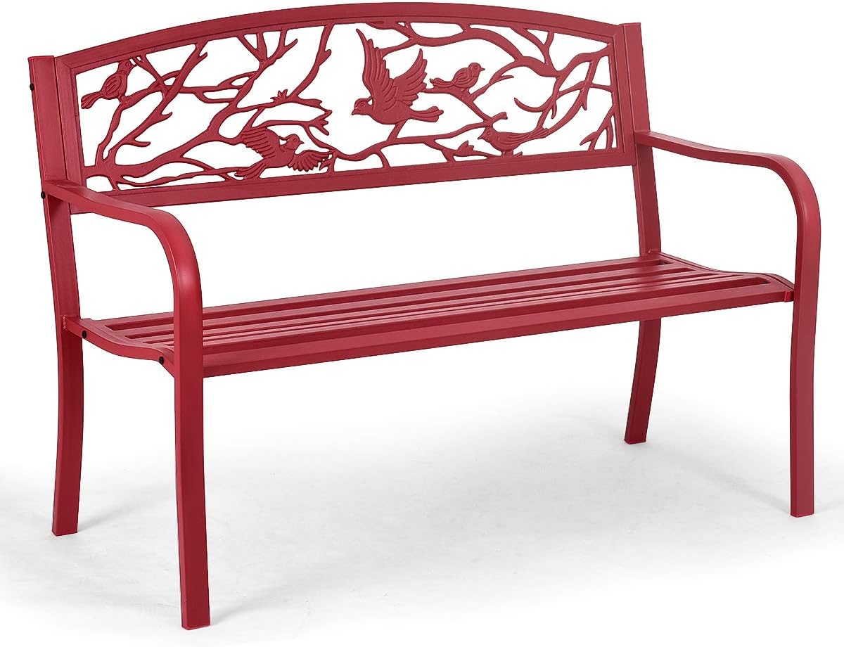 GIANTEX Gartenbank 2 Sitzer, Parkbank aus Metall, Eisenbank bis 280 kg belastbar, Terrassenbank mit Rücken- & Armlehnen, Sitzbank im Retro-Stil für Garten, Balkon, Terrasse, 127 x 59.5 x 87.5 cm rot