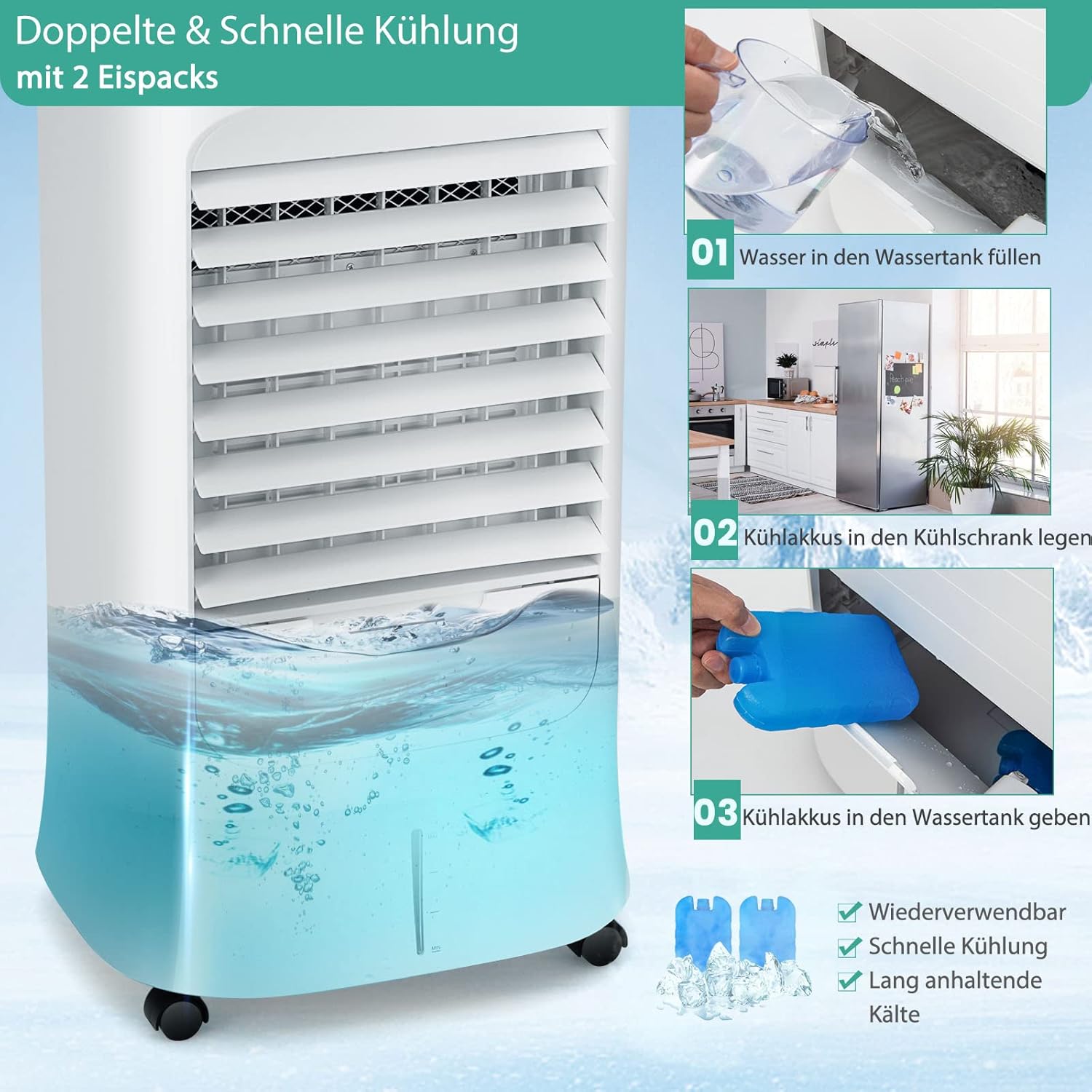 GOPLUS Klimaanlage mobil ohne Abluftschlauch, 15 Std. Timer, 66W, Klimagerät mit 10L Wassertank & 2 Kühlakkus, 3 in 1 Kühlen & Ventilieren & Befeuchten, Luftkühler 3 Gebläsestufen, inkl. Fernbedienung