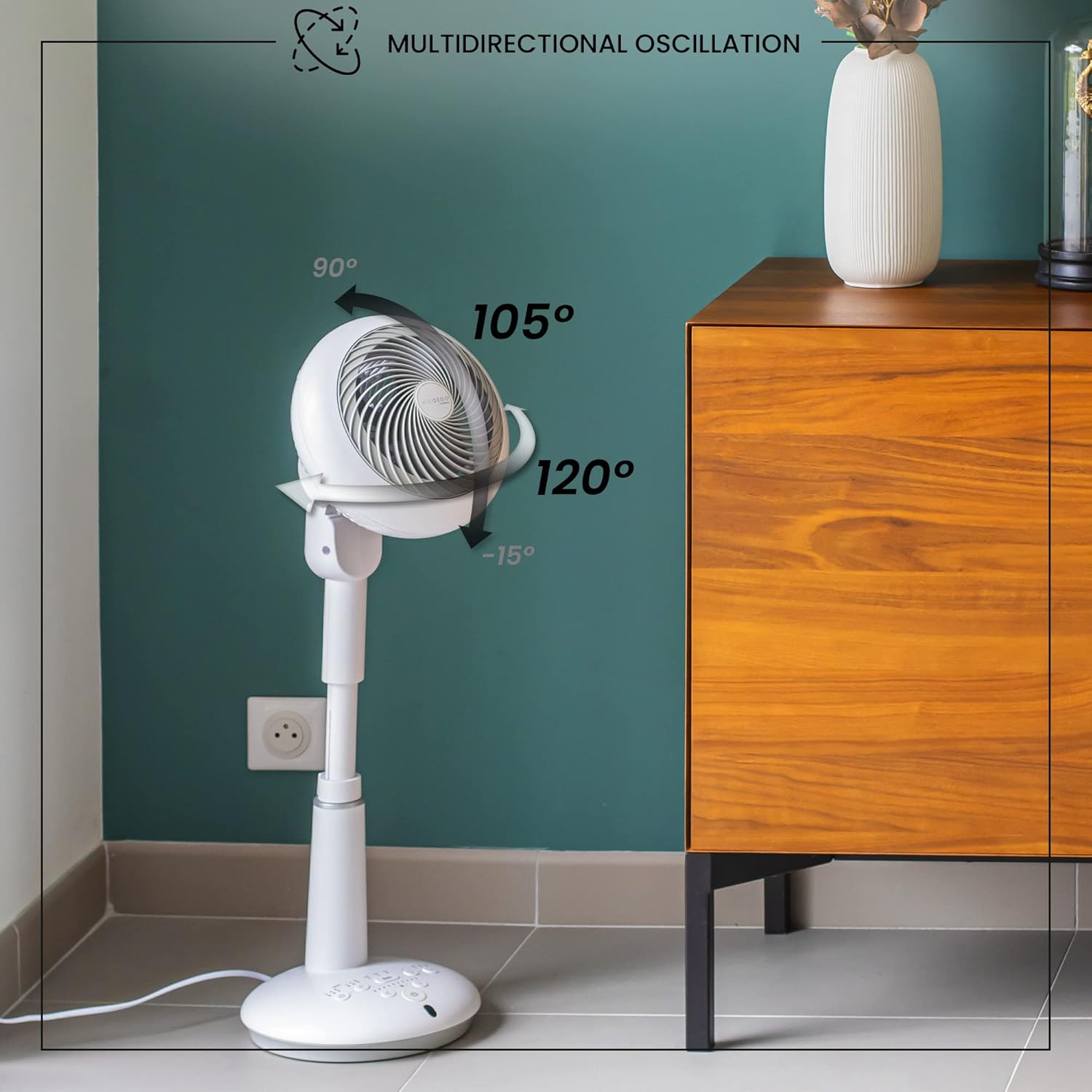 Iris Ohyama Woozoo, Ventilateur sur Pied, 37㎡, Blanc, 10 Vitesses, Télécommande, Moteur DC, Silencieux 25 dB Mode Nuit, Oscillation Multidirectionnelle, Minuterie 8h, Puissant, STF-DC15T