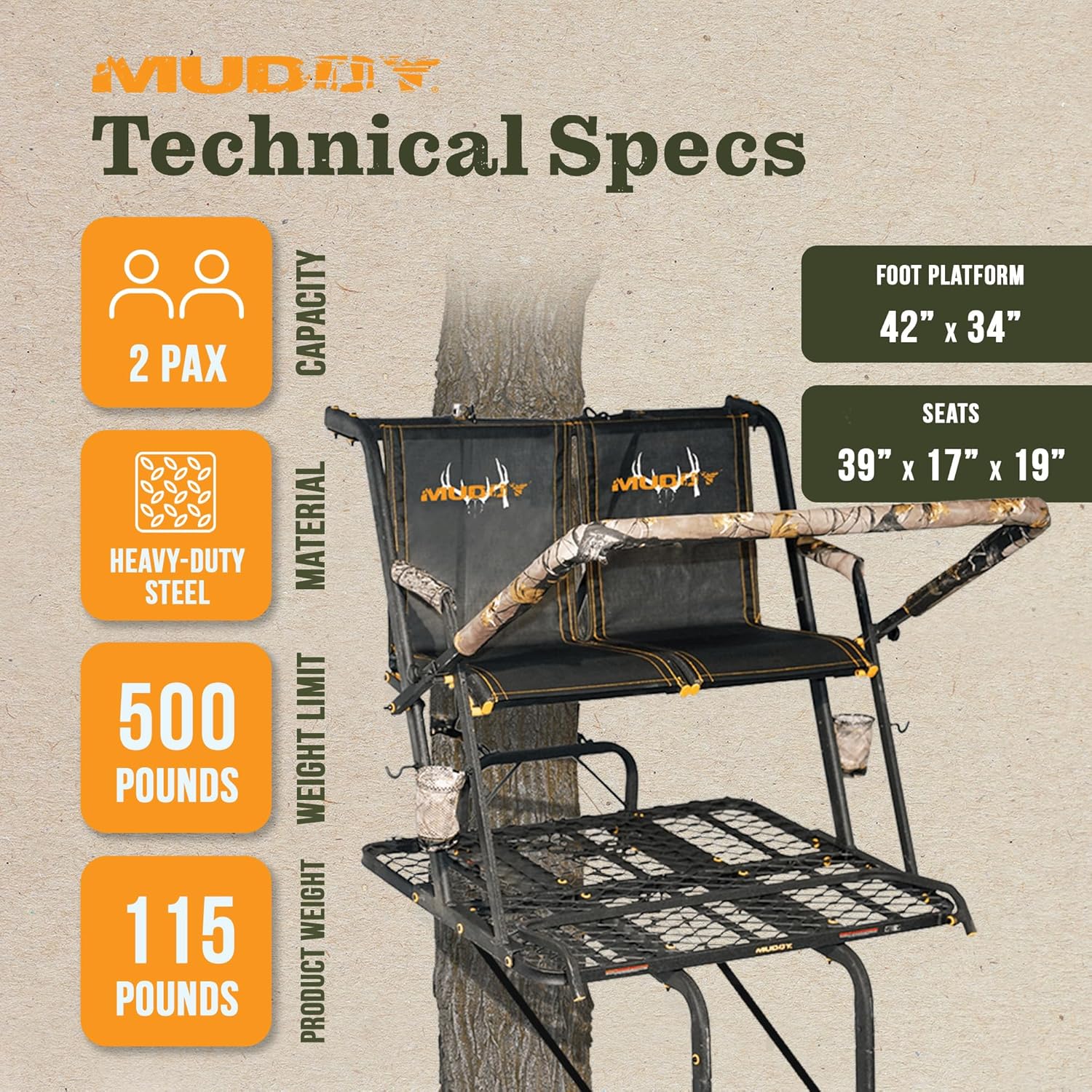 MUDDY Nexus XTL Ladder Tree Stand, 20ft, 500lb Capacity, 2-Person