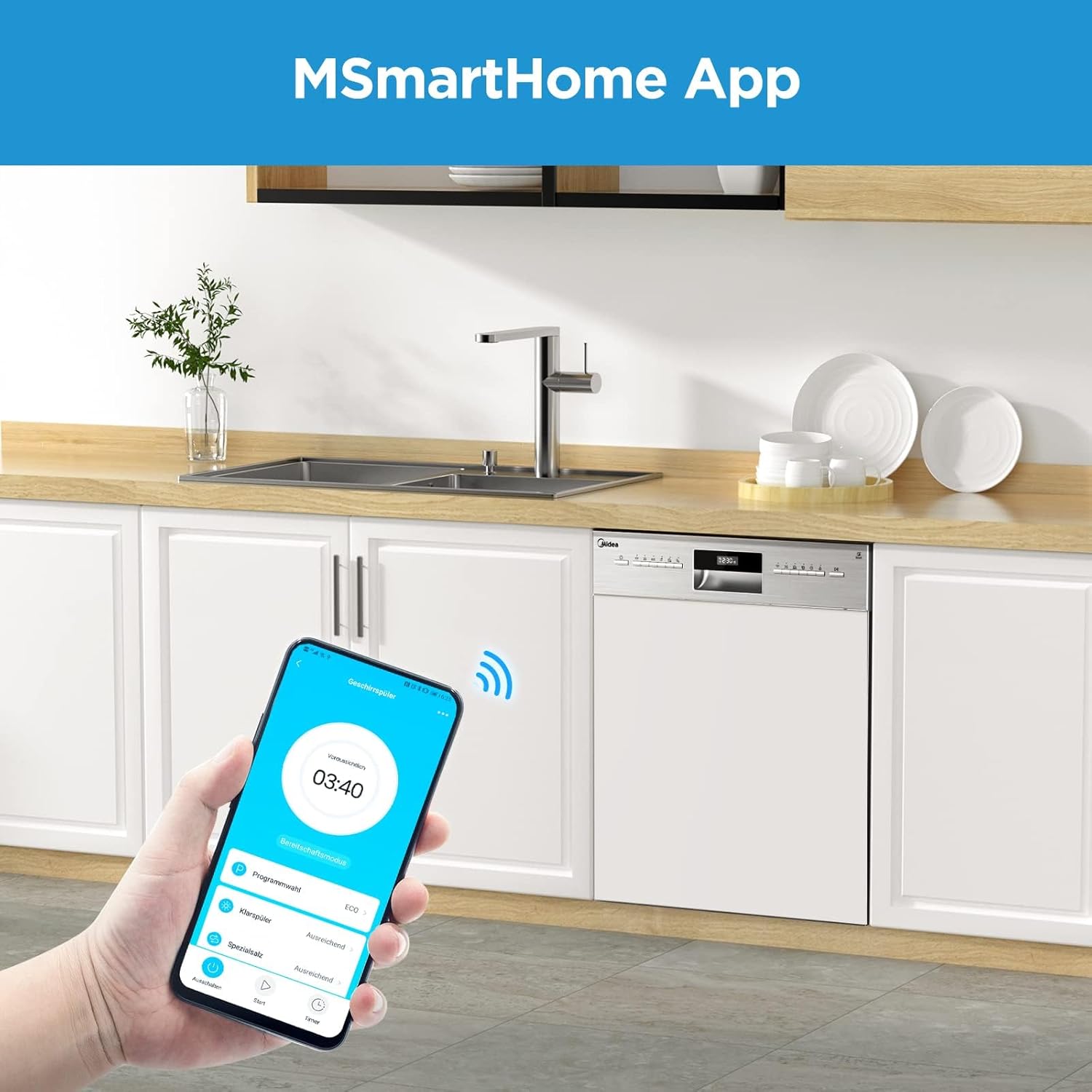 Midea Geschirrspüler Unterbau MDWEU1435XSS-W, 14 Maßgedecke, Spülmaschine 60 cm Teilintegrierbar mit WIFI, Extra Trocknung, 7 Programme, 47dB, 0-24h Startzeitverzögerung, Inox