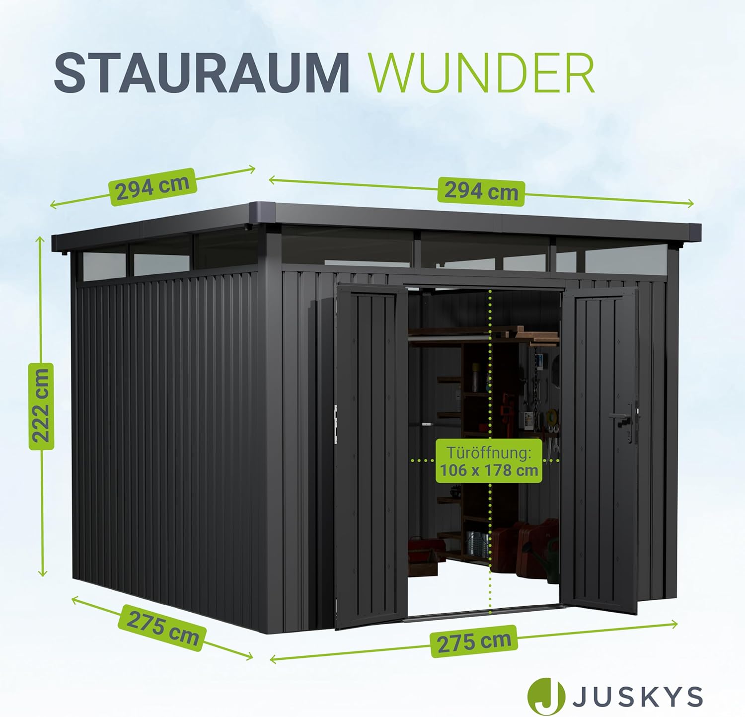 Juskys Gerätehaus Luzern Pro 8,6 m² - Metall Geräteschuppen mit Türen & Fenstern - wetterfest & abschließbar - Fahrradgarage, Gartenhaus - Anthrazit