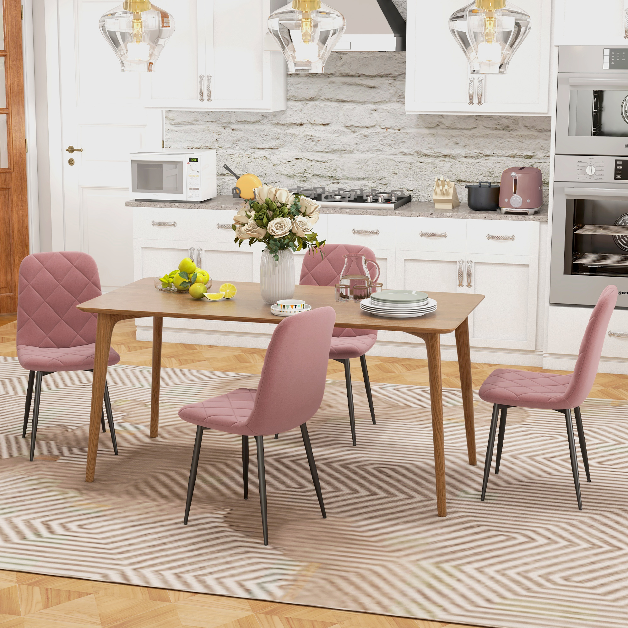 4-delige Set Eetkamerstoelen in Fluwelen Look met Rugleuning, 45 x 54 x 87 cm, Roze