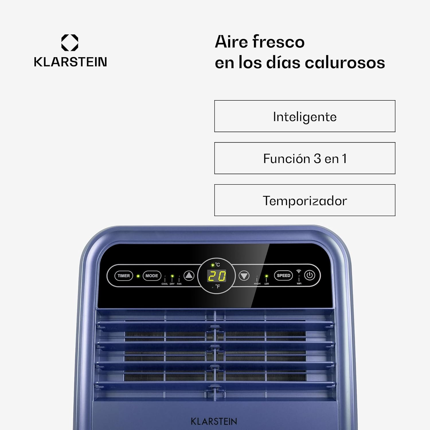 Klarstein Metrobreeze New York Smart 7k - Aire Acondicionado Portátil 7000 BTU, 21-34 m², Control App & WiFi, Ventilador 3 Velocidades, Deshumidificador, Temporizador 24h, Clase Energética A, Morado