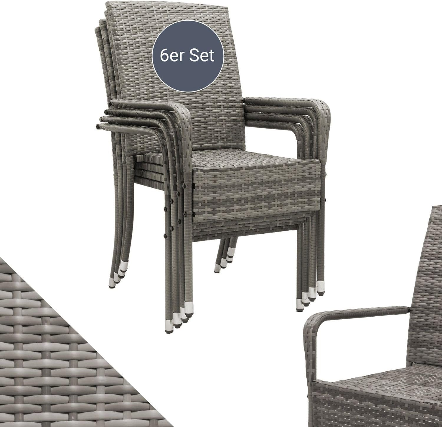 Juskys Polyrattan Gartenstühle Yoro 6er Set - mit Armlehnen & Rückenlehne 6 Stühle stapelbar - Rattan Stuhl Garten - Stapelstuhl Grau-meliert