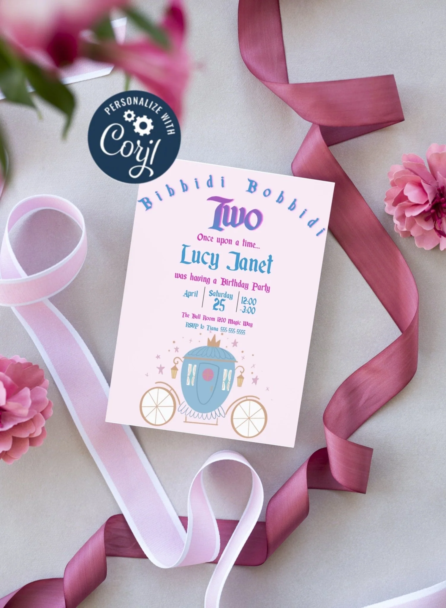 Bibbidi Bobbidi Two Birthday Invitation | Cinderella Invite Template | Fully Customizable | Magical theme, Children��s Birthday Invitation