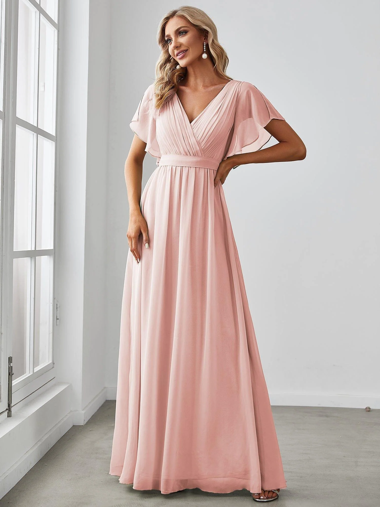 Abendkleid Damen Maxi A-Linie aus Chiffon | Festliches Kleid f��r Hochzeitsg?ste mit V-Ausschnitt und Fl��gel?rmeln
