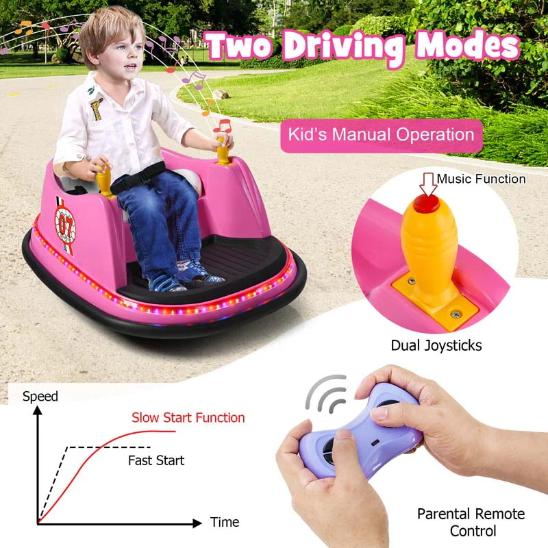 12V Toddler Bumping Car, Battery Powered Baby Ride on Bumper Car with Dual Joysticks, Flashing LED Light & 360 Degree Spin