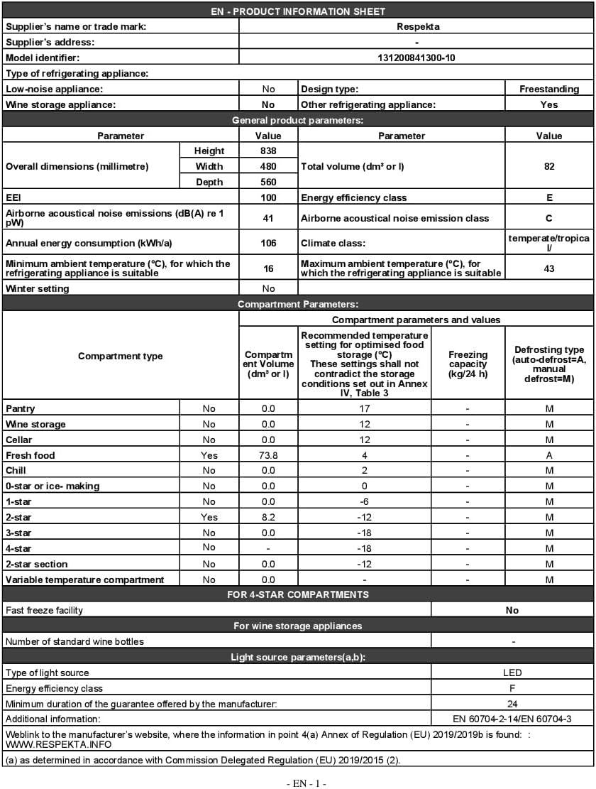 Respekta Unterbaukühlschrank Gustav mit 2 Sterne Gefrierfach / 83,8 cm Höhe / 48 cm Breite / 82 L Nutzinhalt/Wechselbarer Türanschlag/verstellbare Füße / KSU50-10 / Max. 41 dB
