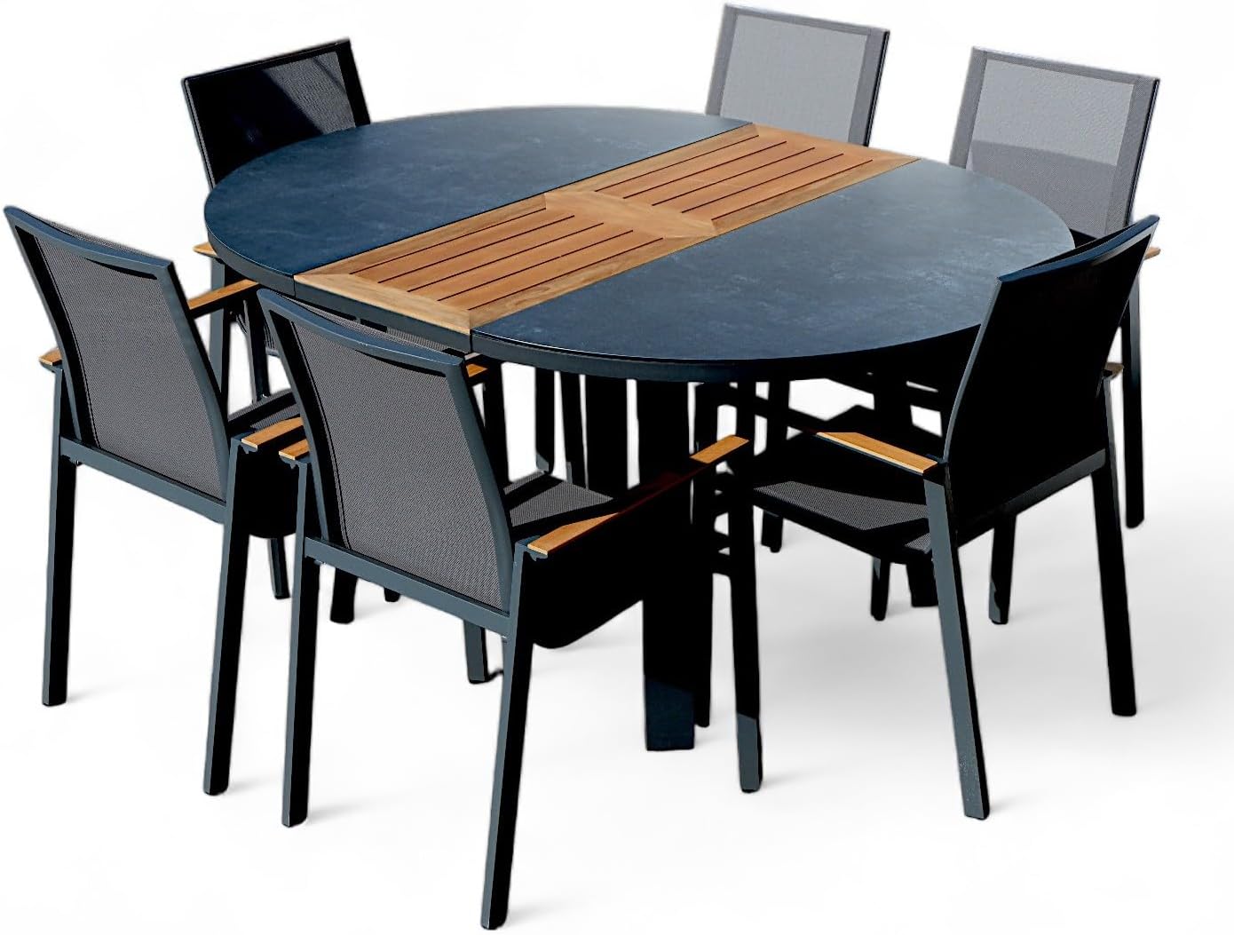 ALEOS. Gartengarnitur Gartenset Aluminium Teak Set mit rundem Ausziehtisch 120cm auf 160cm ausziehbar + 6 Stapelstühle anthrazit Trinidad