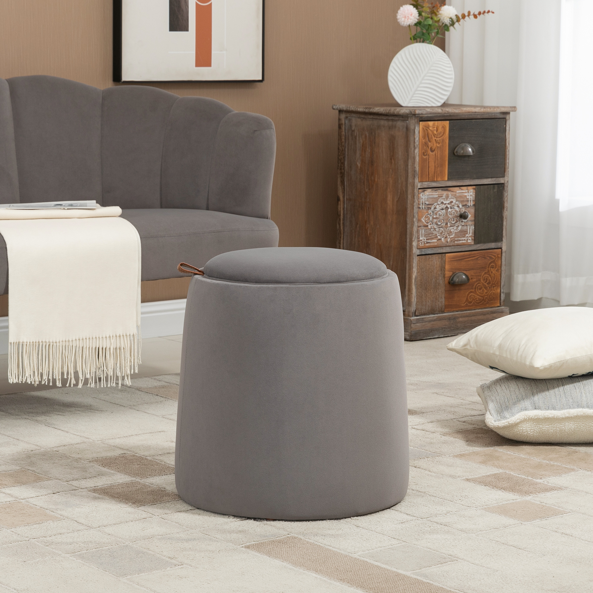 2-in-1 Poef in fluweelachtige stof met opbergruimte en afneembare deksel ��44 cm x 47,5 cm Beige