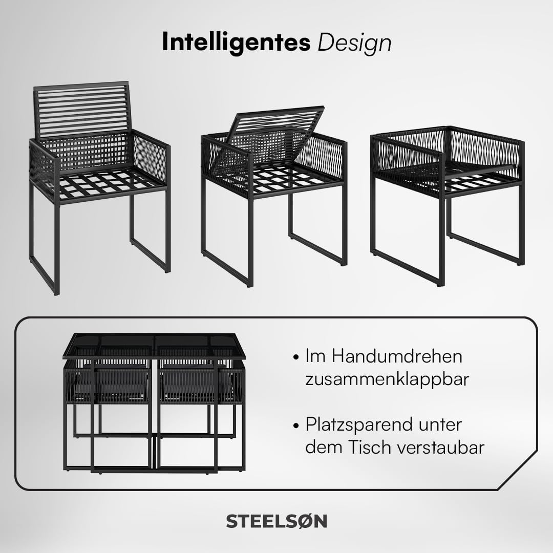 STEELSØN 3-TLG Garten-Essgruppe Kynaris, Esstisch mit 2 Stühlen, gartenmöbel Sitzgruppe Polyrattan mit Kissen, Gartenlounge, Balkomöbel Set, schwarz