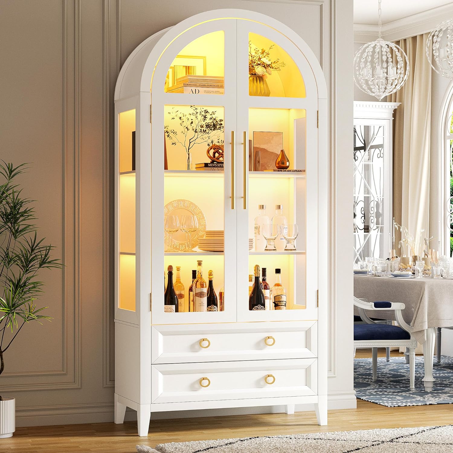 LVSOMT Gewölbte Glasvitrine mit LED Beleuchtung, 180cm Vitrinenschrank mit Glastüren, Bogen Vitrine mit 4 Display Regale und 2 Schubladen, 3 Farbe Licht, Vitrine Glas Holz Wohnzimmer Flur, Weiß