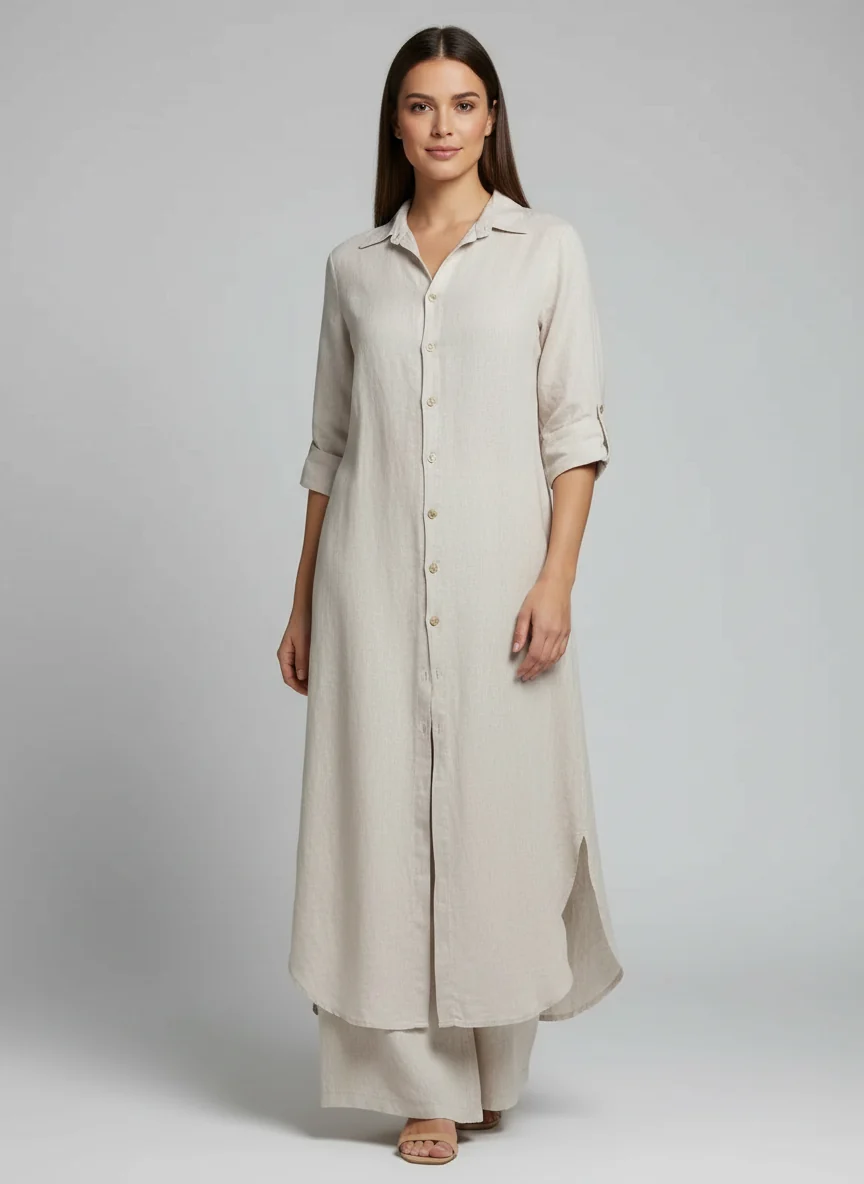 Leinen-Set Damen | Zweiteiler aus langer Bluse und weiter Hose | Luftiger Sommer-Zweiteiler f��r Damen | Atmungsaktiv & Bequem