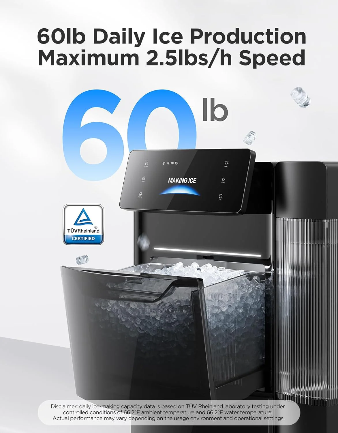 GoveeLife Smart Nugget Ice Maker Pro. 60lbs Daily. 6-Minute First Ice. 40dB Ultra-Quiet with AI NoiseGuard. App & Voice Control. Self-Clean. 3.5lbs Basket & Dual Water Tanks. for Home Kitchen. Party