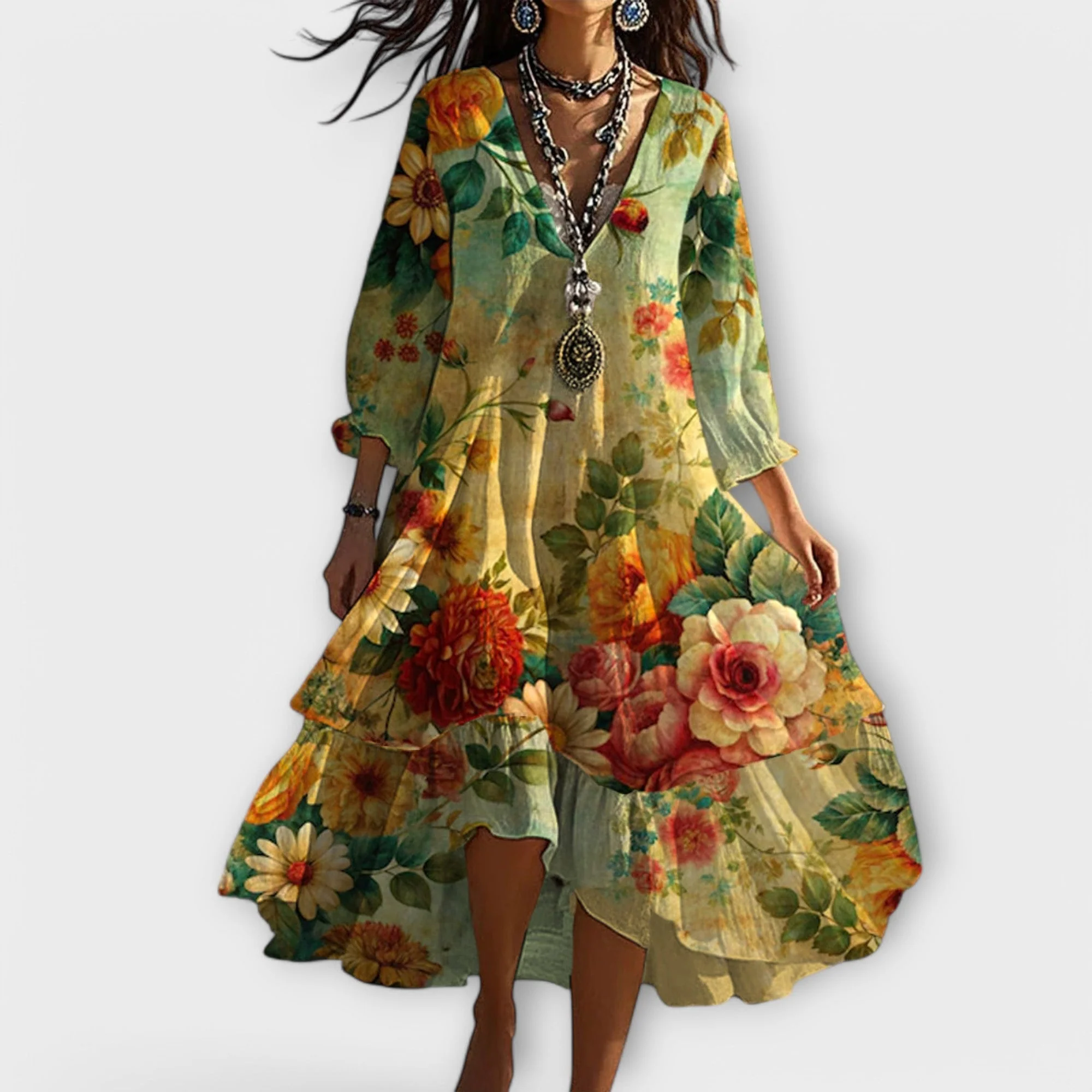 Boho-Kleid f��r Damen | Florales Midikleid mit V-Ausschnitt und 3/4-?rmeln