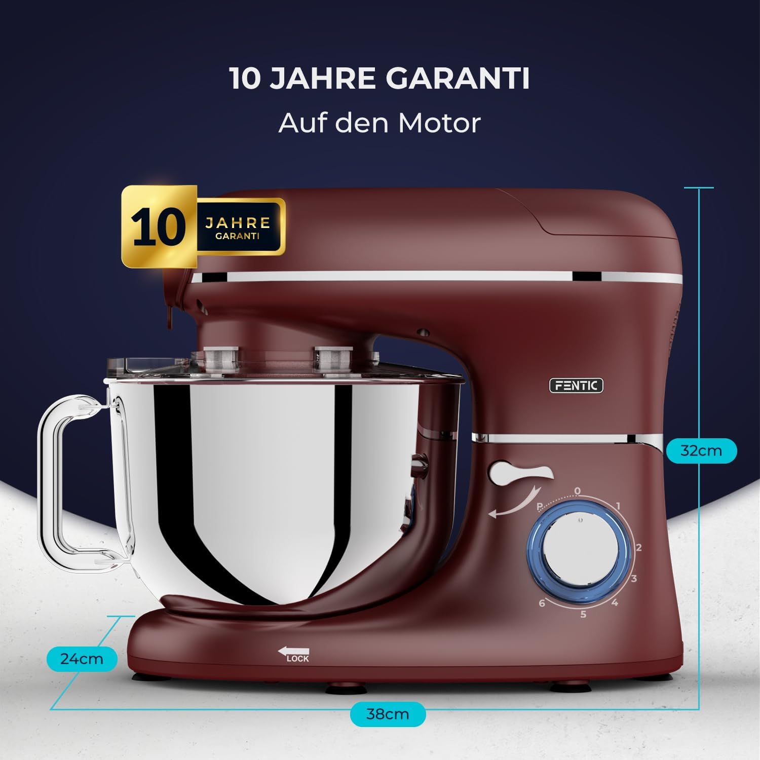 6-in-1 Küchenmaschine – 2000W – Mit Fleischwolf, 1,5L Entsafter, Gemüseschneider und Mehr – Knetmaschine mit 6,2L Rührschüssel, Rührhaken, Knethaken, Schlagbesen und Spritzschutz (Rot)