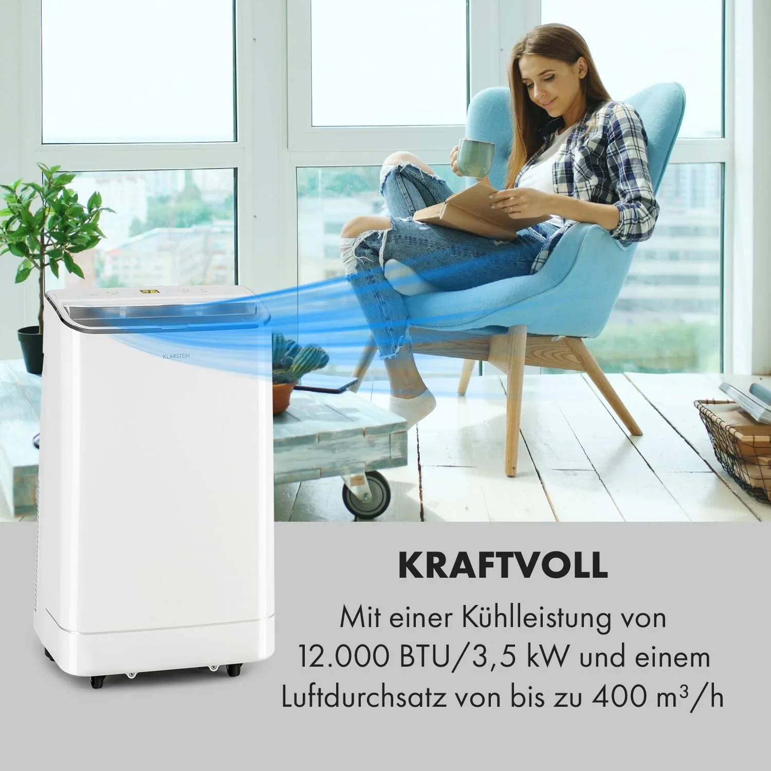 Klarstein Mobile Klimaanlage mit Abluftschlauch, 3-in-1 Klimager?t mit Ventilator, Luftentfeuchter & Nachtmodus, Kleine & Portable Klimaanlage f��r Wohnung & B��ro, 12000 BTU Niedrig Verbrauch